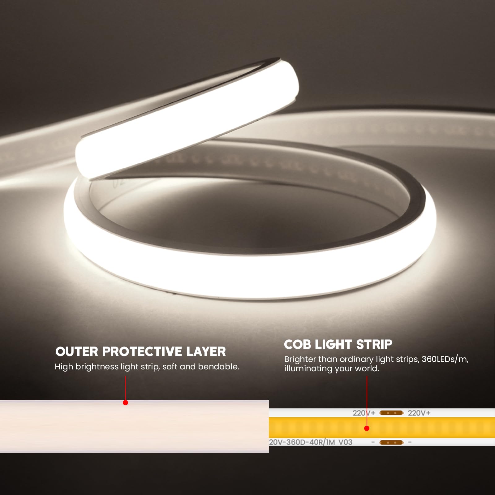 COB LED Streifen 100M,Kaltweiß 6000K CRI≥90 Helligkeit Hohe Neon LED Band,Lumineszenz Linear Hohe Dichte 288LEDs/M LED Lichter mit 220V EU Schaltstecker für Wohnzimmer Schlafzimmer, Weihnachten