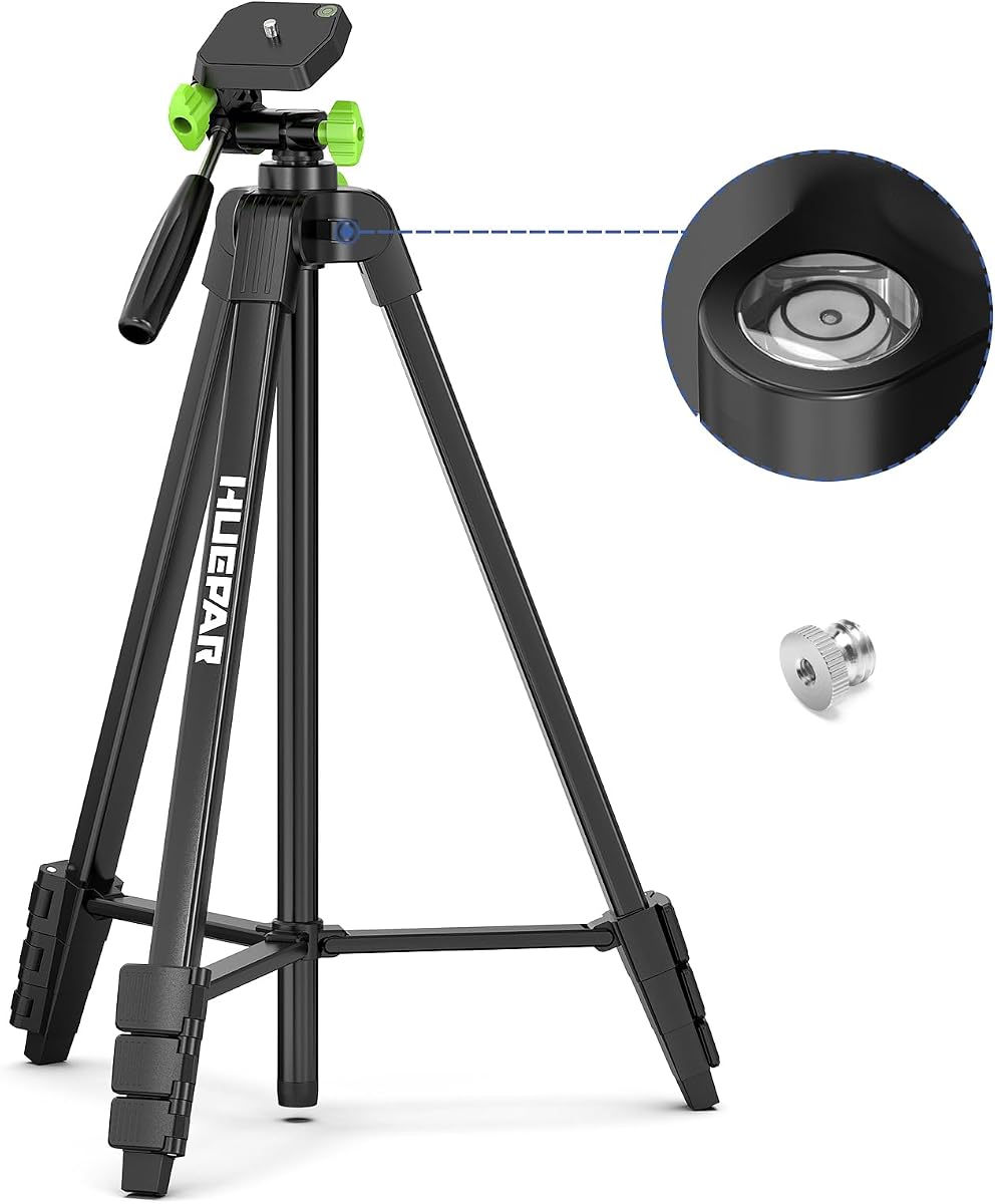 Trípode ligero Huepar de 60 pulgadas, trípode portátil ajustable con nivel láser | Cabezal giratorio de 3 vías, 2 niveles de burbuja, montaje de rosca de 1/4" y 5/8" para herramientas variadas, solo para trabajos básicos en interiores