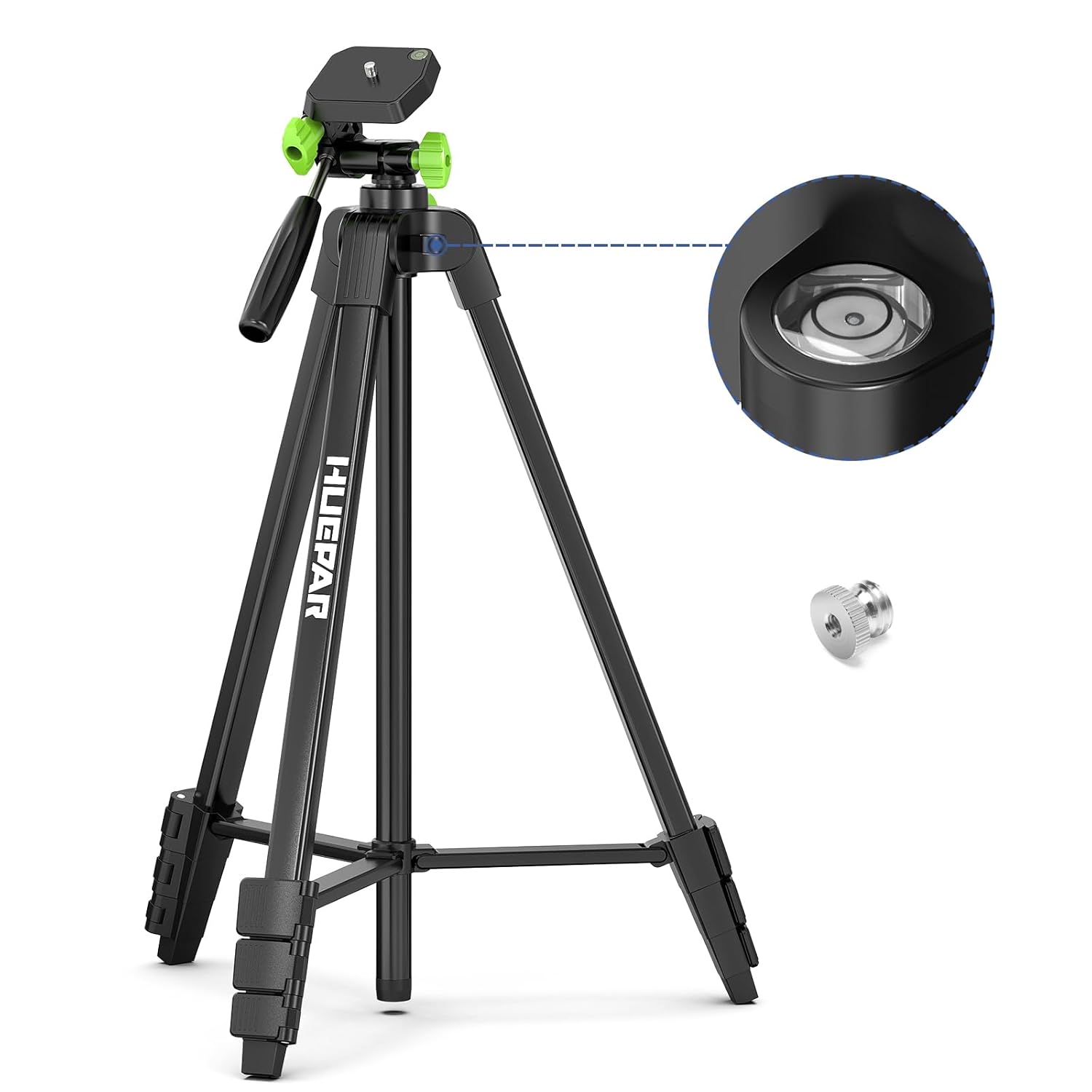 Huepar 60-Inch Lightweight Tripod Portable Adjustable Tripod for Laser Level with 3-Way Swivel Pan Head 2 Bubble Levels