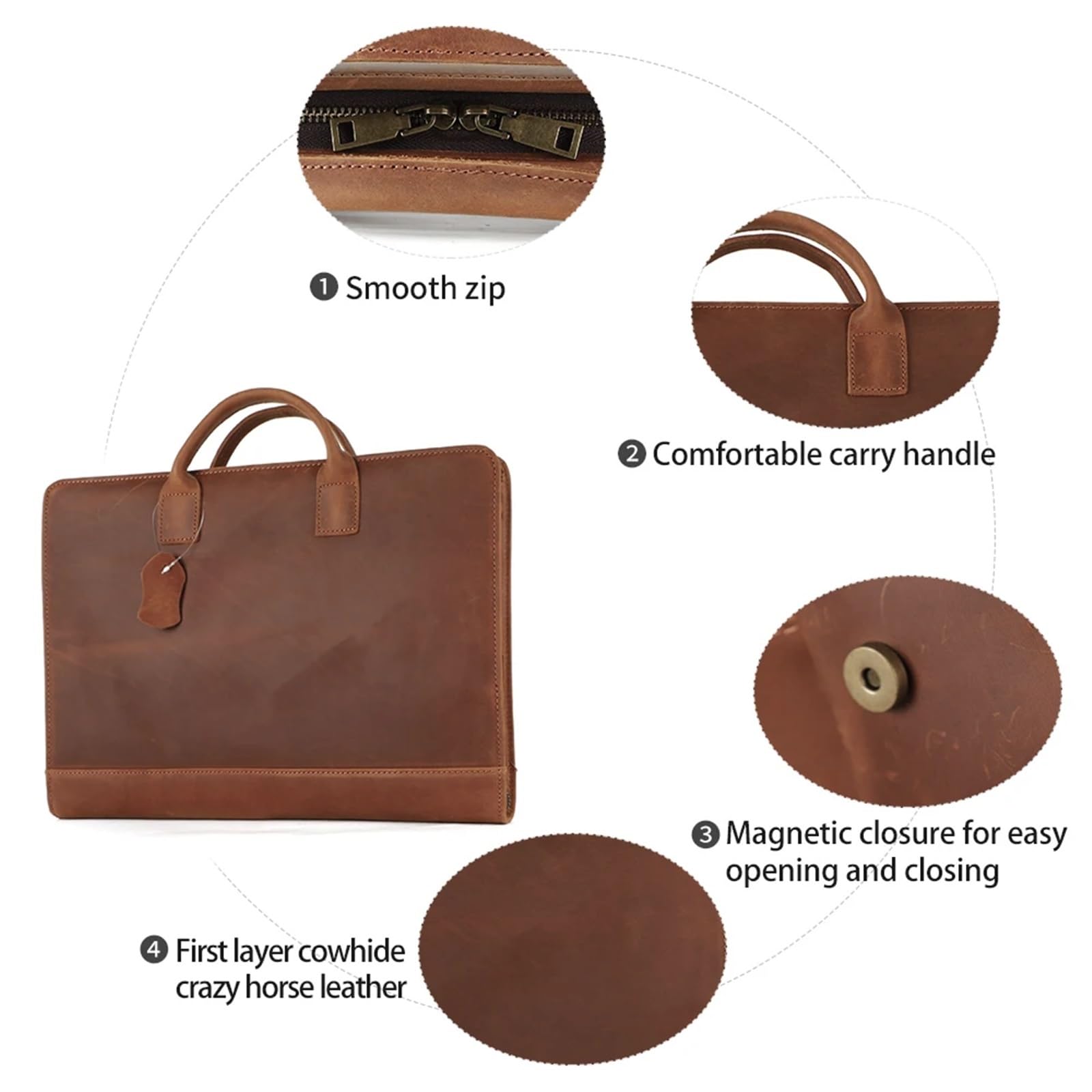 Bolso Mensajero De Cuero Maletín retro de cuero for hombre, for portátil 15,6", bolso mano 7,9", organizador negocios, viaje for oficina En Viaje De Negocios