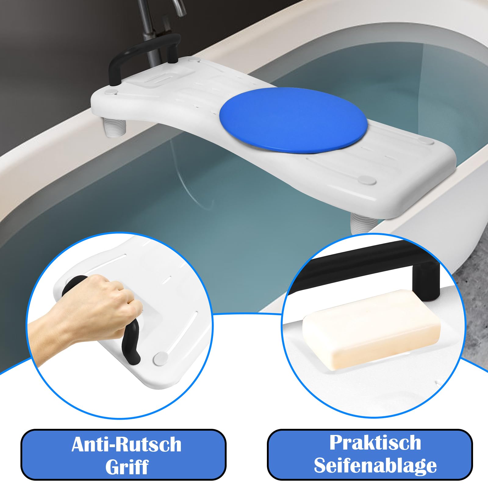Badewannenbrett Badewannensitz Senioren mit 360º Drehscheibe und Schwarz Griff, Einstellbar Wannensitz PP-Material Sitzbrett für Badewanne mit Seifenablage für Erwachsene bis 150kg