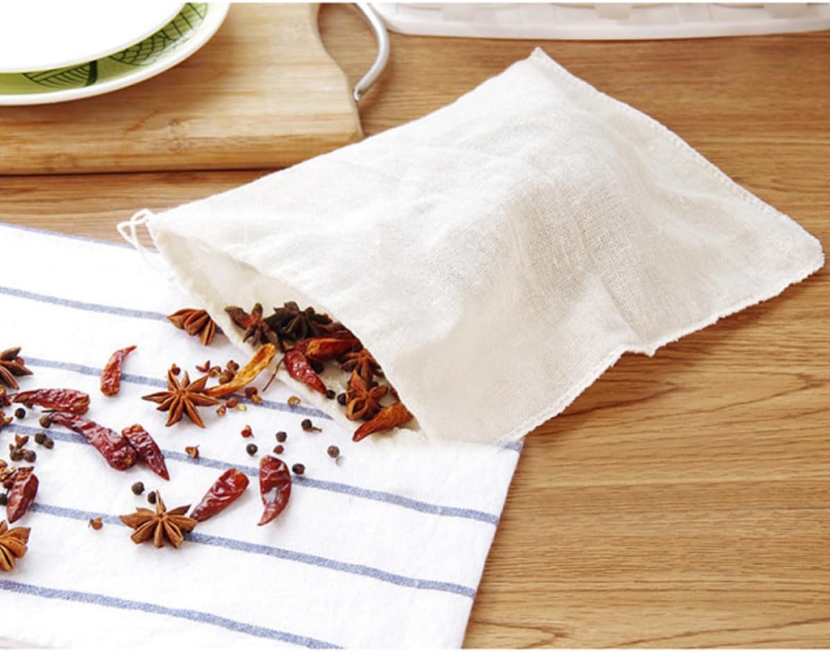 20 Pcs Reusable Cotton Drawstring Filter Bag for Nut Milk and Tea, Easy to Clean, Sturdy Cotton Material with Drawstring Strap, for Boiling Coffee and Spices