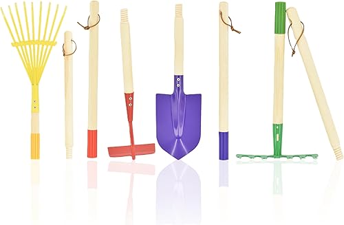 Miniatura 20 de JustForKids - Juego de herramientas de jardín para niños, rastrillo, pala, azada y rastrillo de hojas, tamaño reducido, hecho de cabezas de acero