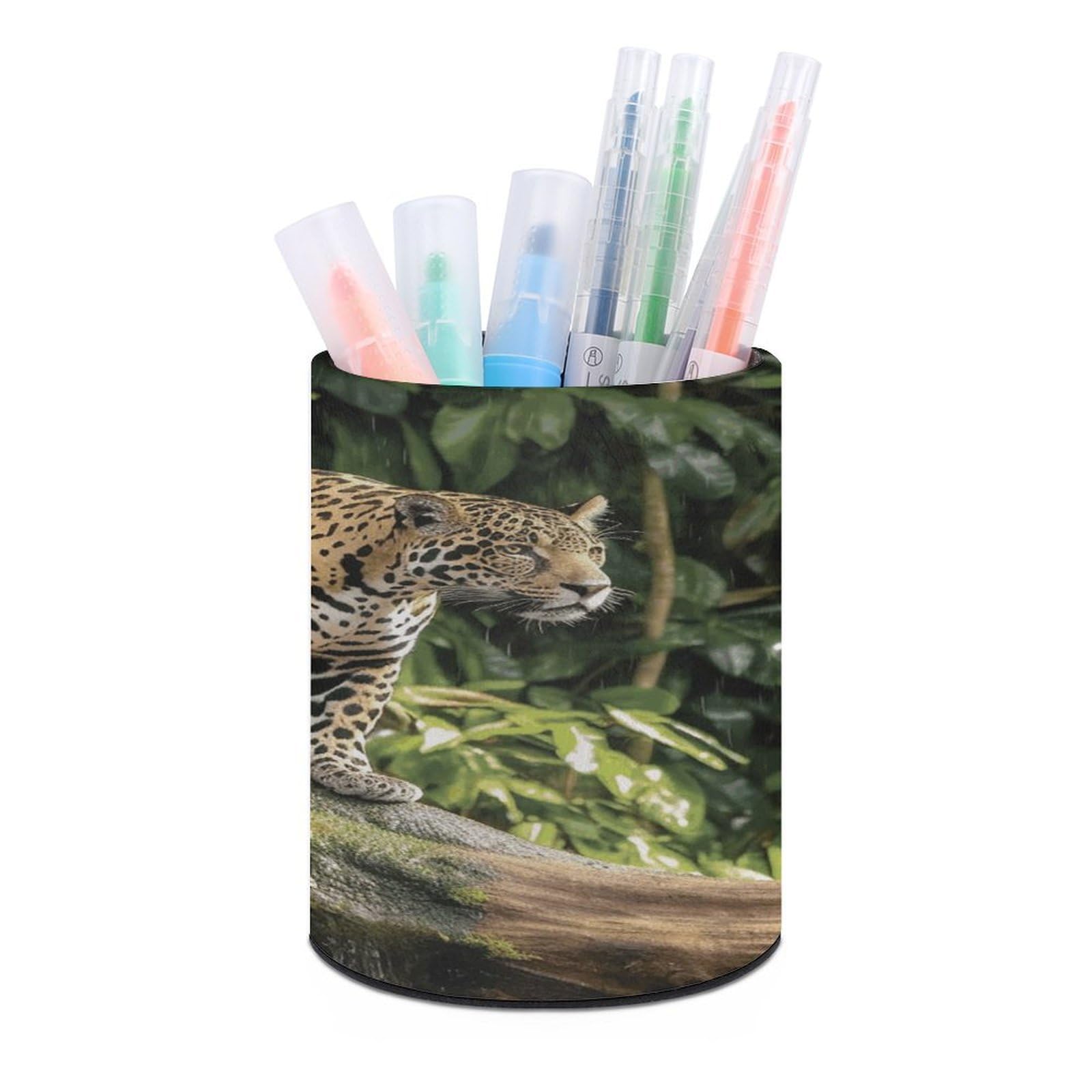 FekiLoot PU Leather Round Pen Holder Jaguar Cat on Tree Trunk Waterfall Pencil Holder Desk Organizer Pen Organizer Pen Cup Pencil Cup Caddy Desktop Stationery Organizers for Office Home Supplies
