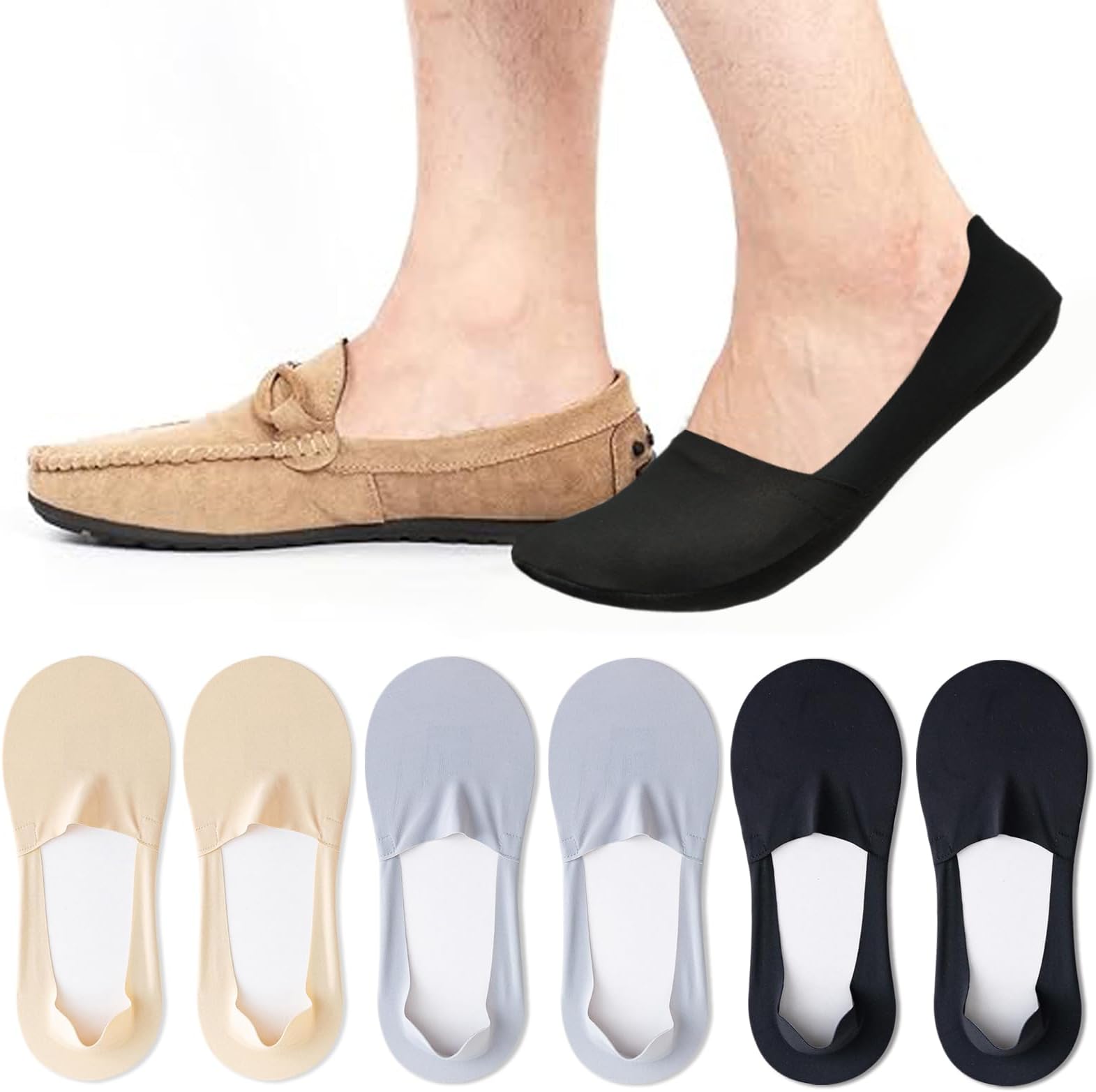Men Thin No Show Socks for Loafer, Invisible Low Cut Liners No See Non Slip Sock 6 Pairs