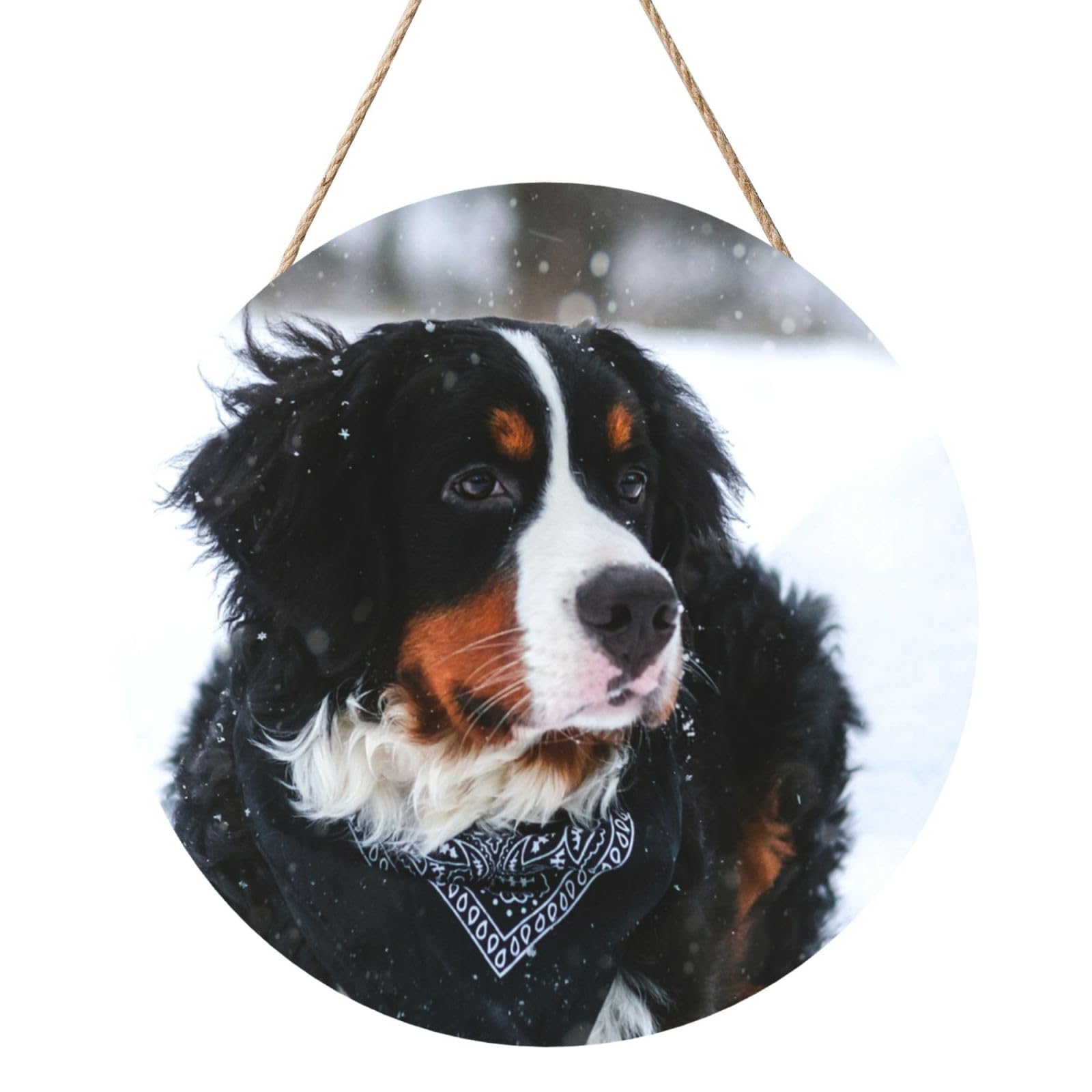 InOmak Bernese Mountain Dog Snowfall, Round Wood Panel Painting 12 in, Wall Hanging Painting For Home