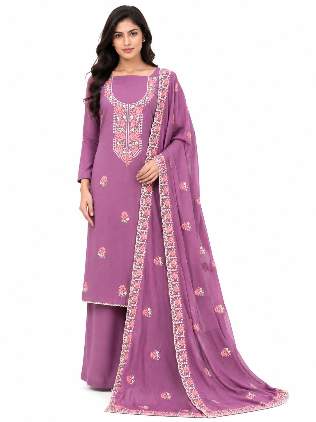 Women's Kashmiri Thread Embroidered Unstitched Salwar Suit Material Set | Soft Maslin Silk Top with Santoon Bottom & Mul Chanderi Dupatta | Traditional Dress Material for Festive & Party-image-34