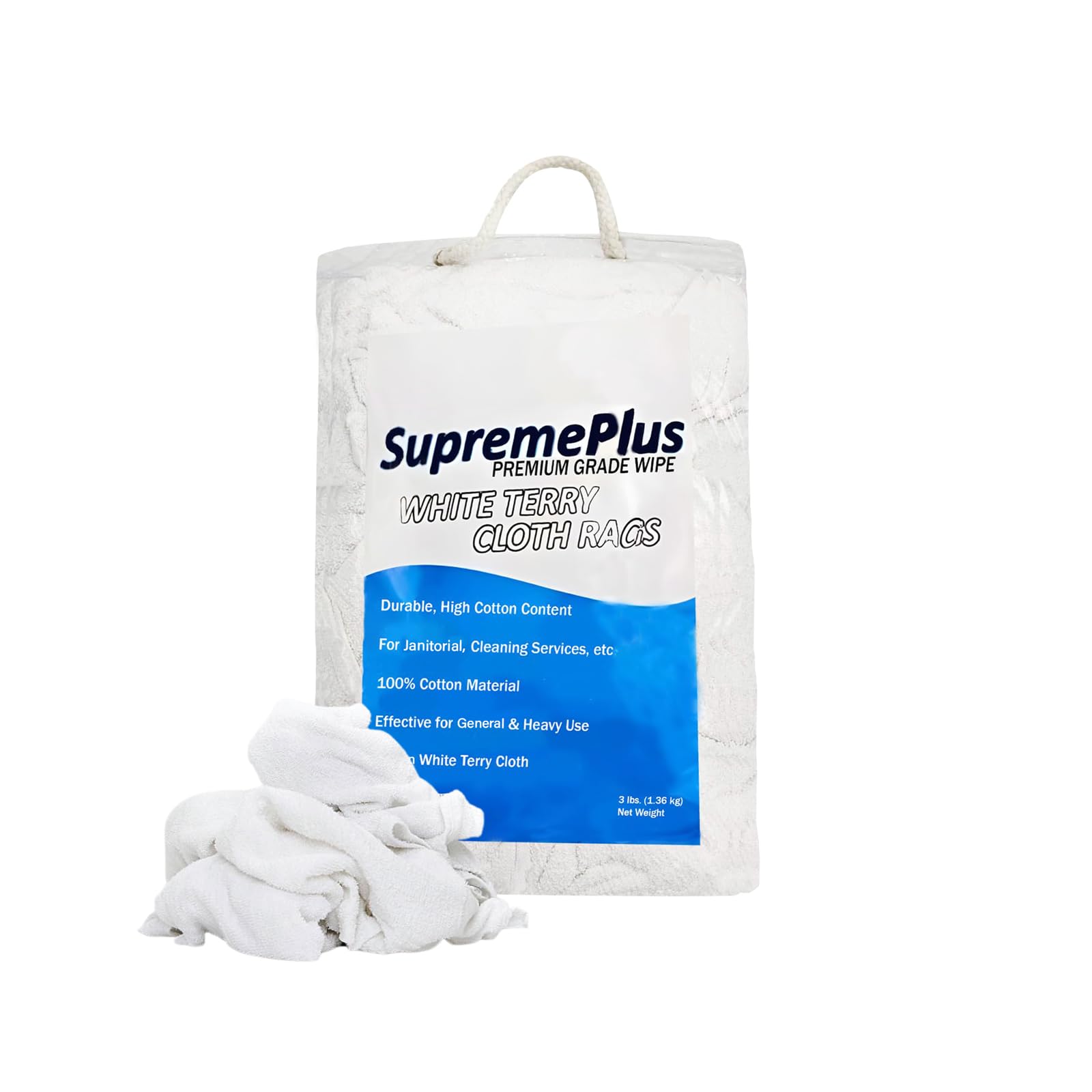 SupremePlus Premium Terry Towels for Cleaning - 3 lbs. Bag, 20”x20” - 100% Cotton Towels Cleaning Rags - Multipurpose White Terry Cloth Rags for