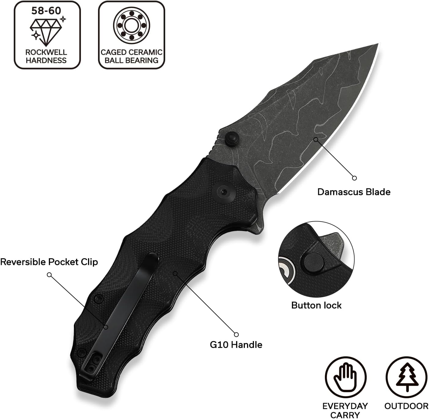 CIVIVI Natterjack Pocket Folding Knife, 3.19" Damascus Blade G10 Handle with Reversible Clip, Thumb Stud & Flipper Opener Knife for Camping Hiking EDC C24028-DS1