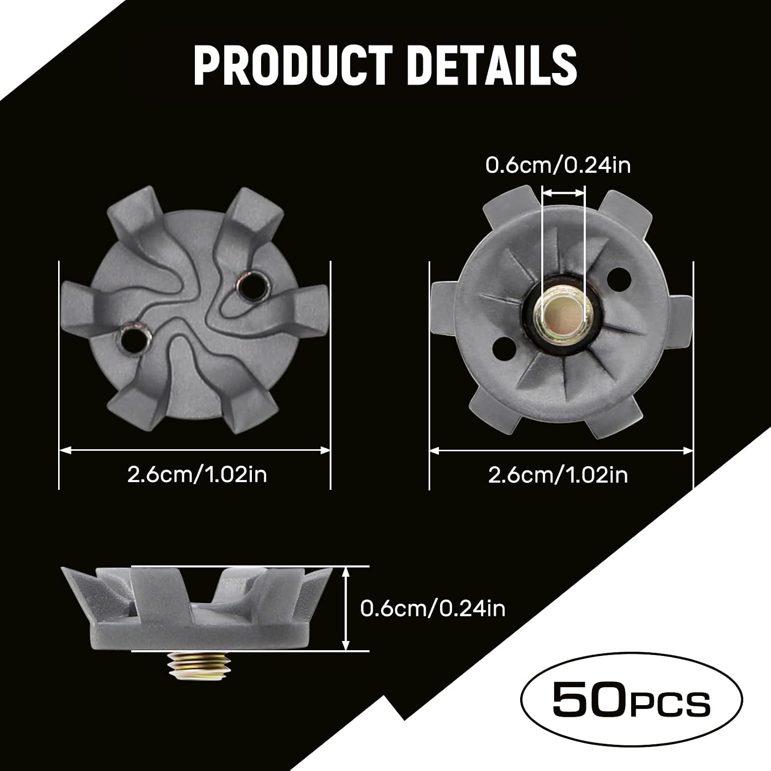 51Pcs Golf Spikes Set 50 Golf Shoe Spikes Replacements with 1 Black Cleats Spanner Metal Thread Screw 6 mm Dia Shoe Cleats Suitable for Use on Lawns or Golf Courses