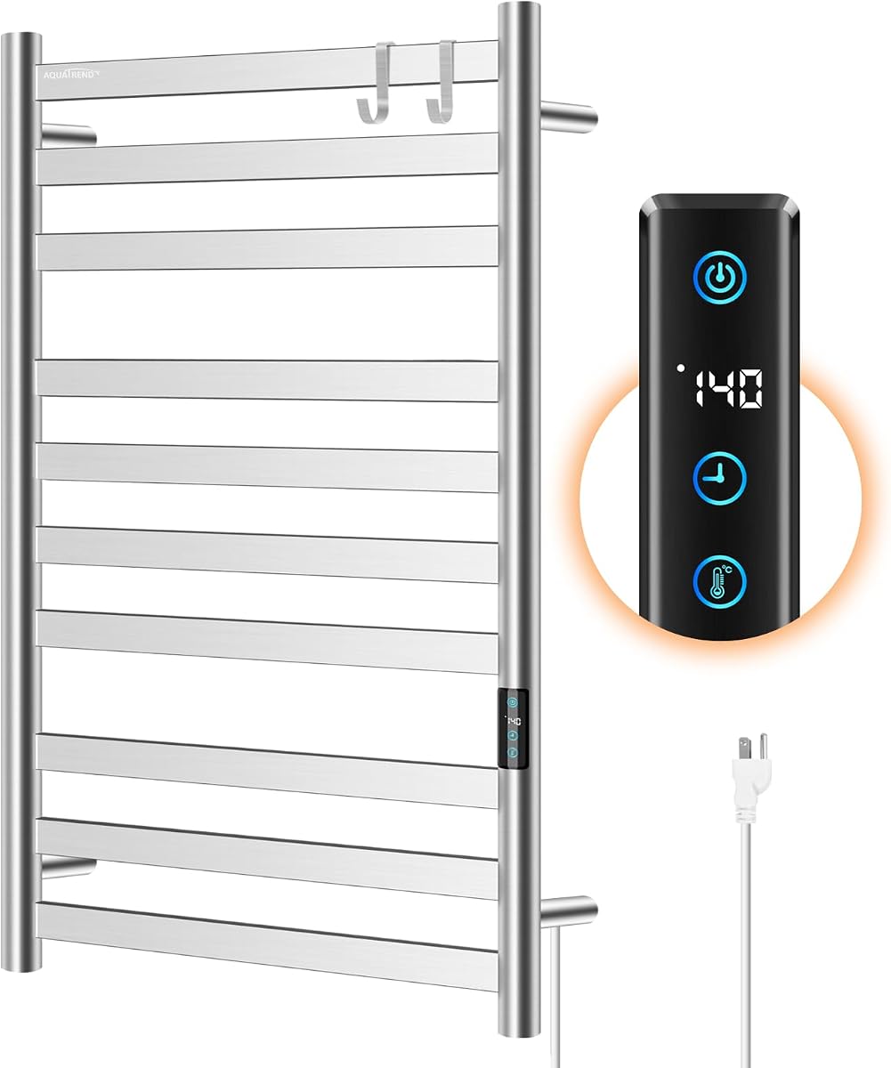 Heated Towel Rack, Towel Warmer with 10 Bar Flat Rack Large, Brushed Nickel | Wall Mounted, Smart LED Control Time & Temp, Fast Heat in 5 Mins, Stainless Steel, Plug-in for Bathroom Spa Gym