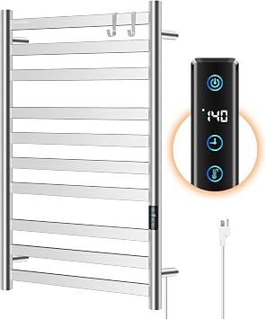 Heated Towel Rack for Bathroom, Towel Warmer with 10 Bar Flat Rack Large, Electric Hot Towel Rack Wall Mounted, LED Buit-in Timer, Plug-in, Stainless Steel, Fast Heating, Brushed Nickel