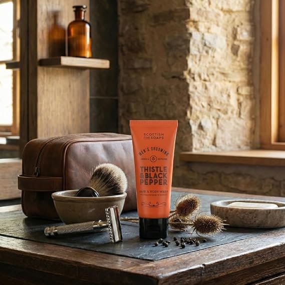 Scottish Fine Soaps Men's Grooming Thistle & Black Pepper Hair & Body Wash 200ml – Dual-Purpose Cleanser with Warm Woody Amber Scent