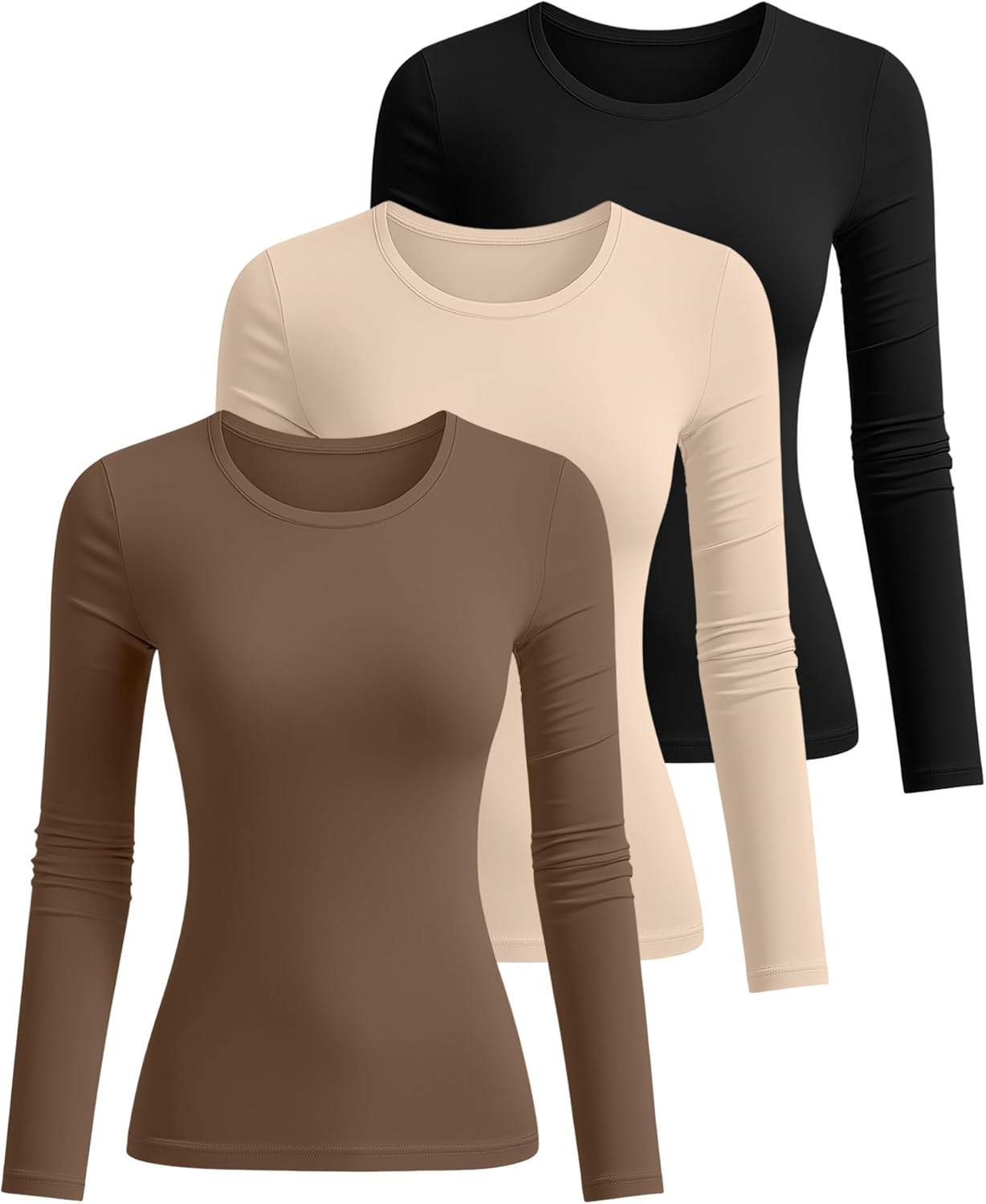 Riyiper 3 Pack Women's Long Sleeve Shirts Cotton Blend Crew Neck Slim Fit Tops Basic Layering Soft Casual Everyday Undershirt - Image 2