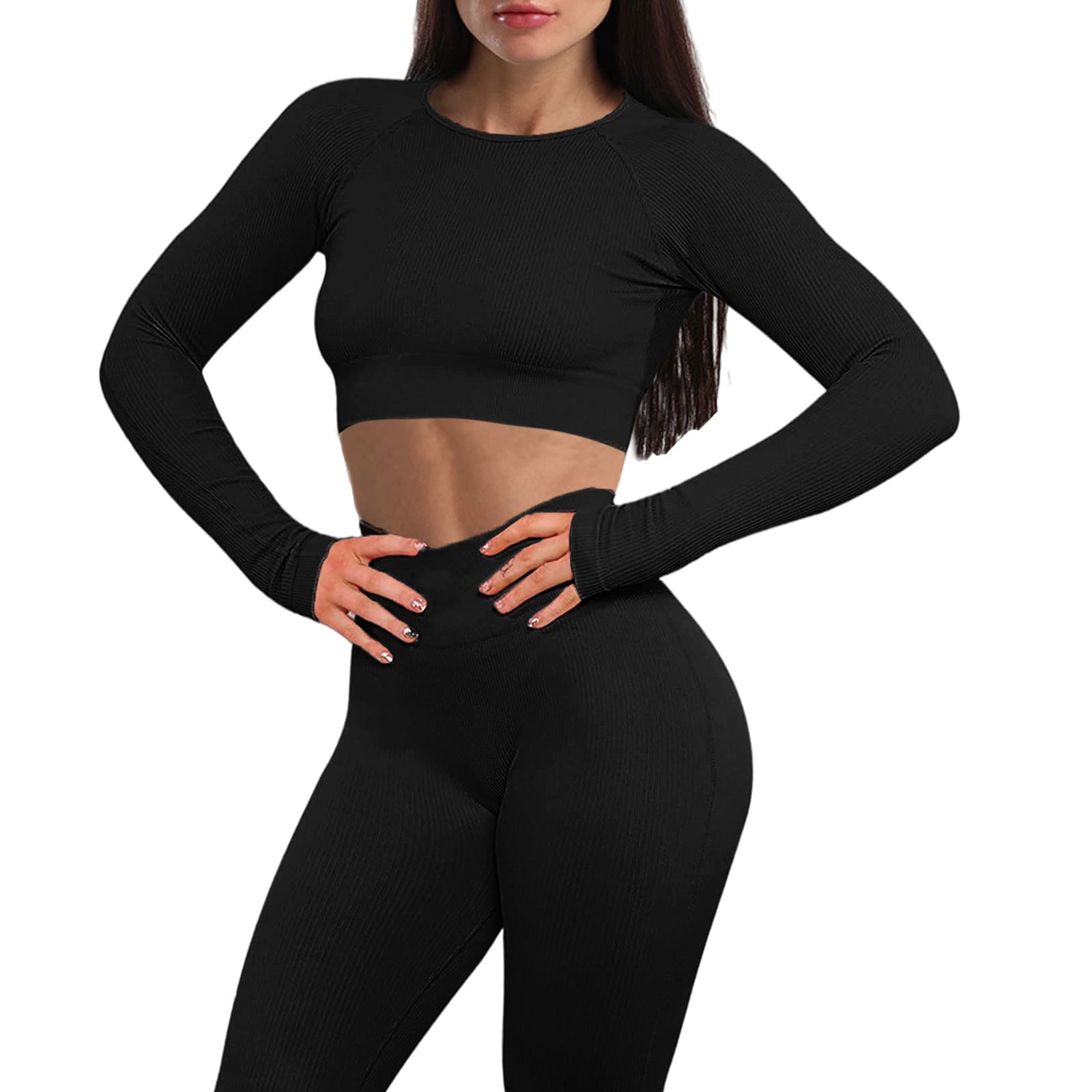 Gym Set Women Workout Set 2 Pieces Outfits Ribbed Long Sleeve Top High Waist Leggings Activewear Clothes Gym wear Sets