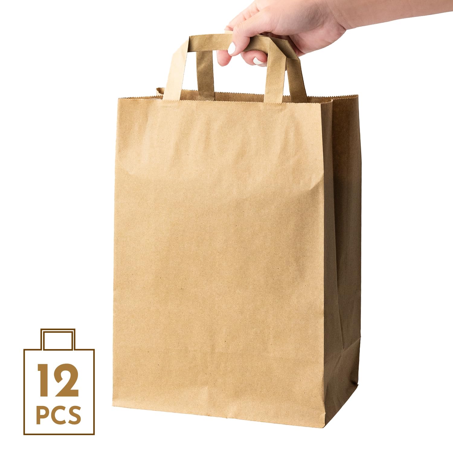Majillux 12 torebek papierowych brązowych, z płaskim uchwytem, 22 x 32 x 11 cm, eleganckie torebki papierowe wielokrotnego użytku, idealne na prezenty urodzinowe, prezenty świąteczne