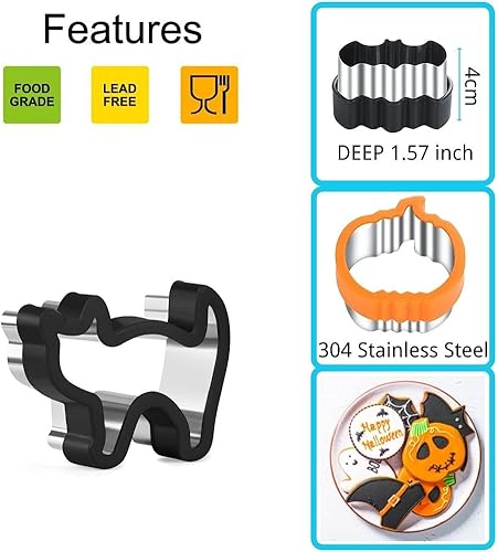 Miniatura 2 de Crethinkaty 5 cortadores de galletas de Halloween, cortadores de galletas de acero inoxidable con agarre cómodo, juego de cortadores de sándwich