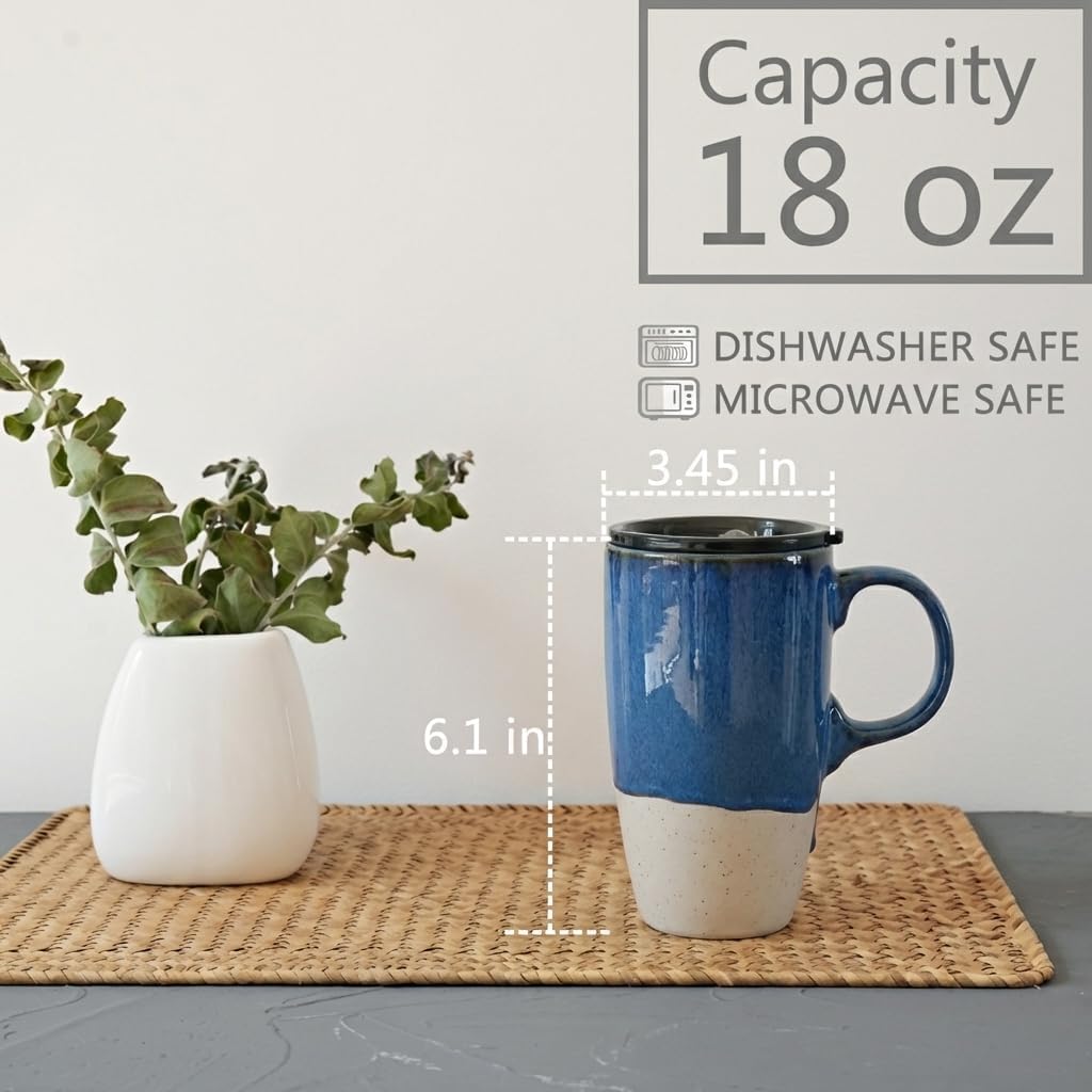 Bosmarlin Ceramic Travel Coffee Mug with Handle and Lid, 18 oz, Portable Coffee Cup for Car Cup Holder, Microwave and Dishwasher Safe, Reactive Glaze (Deep Blue)