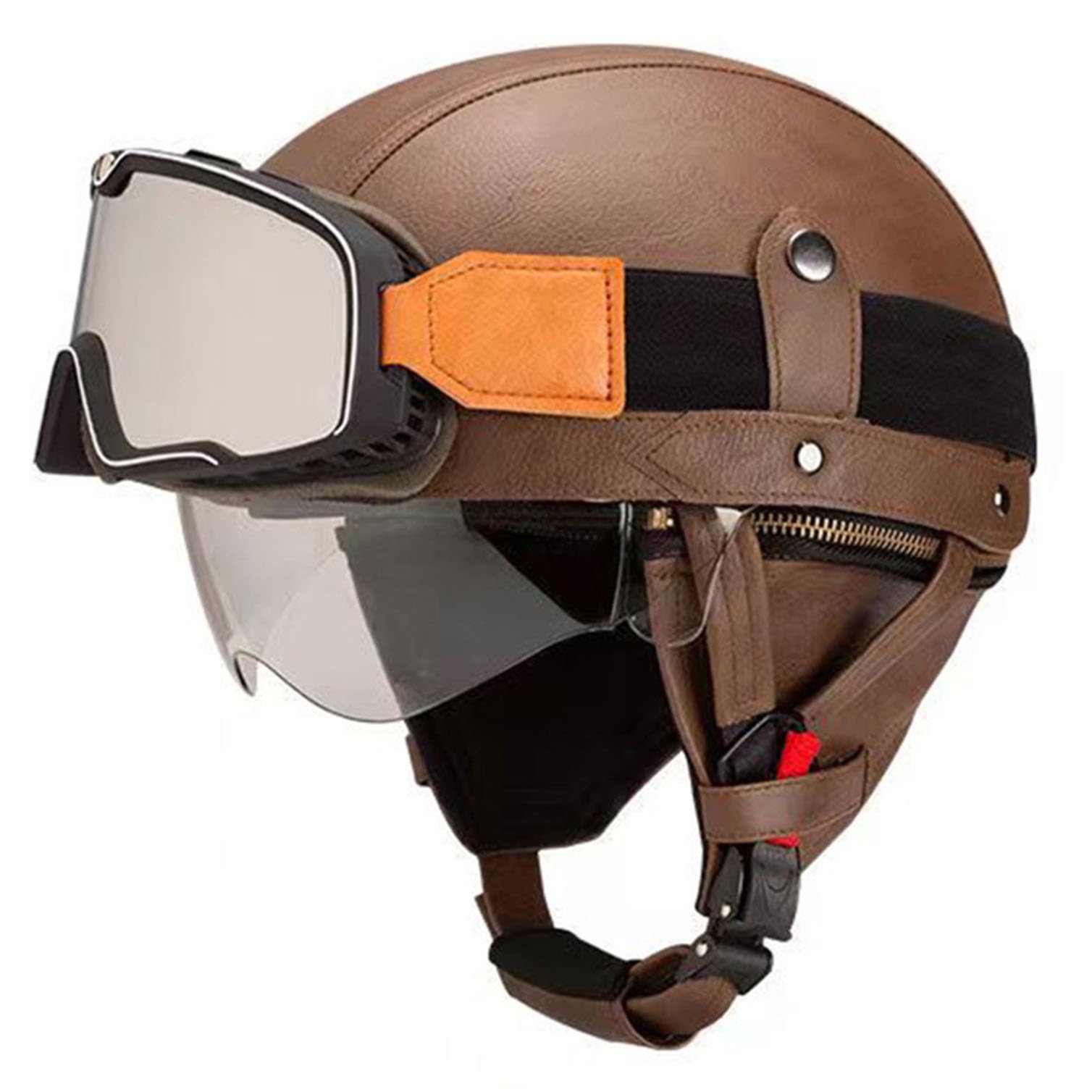 Casque moto vintage de protection en cuir finition premium avec lunettes