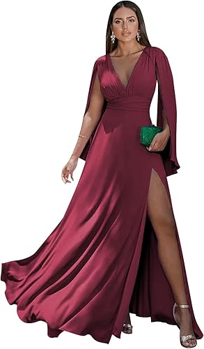 Miniatura 10 de Kissey Prom Vestido de dama de honor de manga larga con cuello en V vestido formal de gasa fruncido con abertura