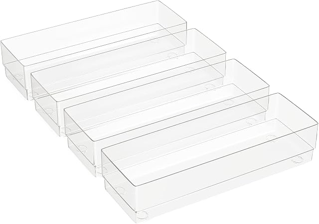 Gatton Design Desk Drawer Organiser Clear Plastic Trays | Set of 4 | Storage Organizer & Dividers | Organise Makeup, Toiletries & Stationary | Anti-Slip Feet & Stackable | (9x3x2in/22.9x7.6x5.1cm)
