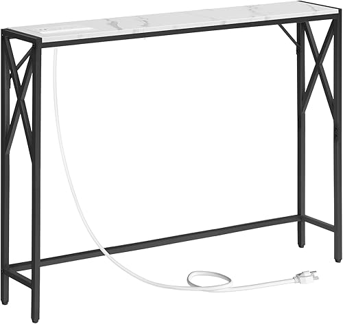 Mesa de sofá estrecha de 39.4 pulgadas con estación de carga, mesa consola delgada, para entrada, vestíbulo, sala de estar, pasillo, mármol
