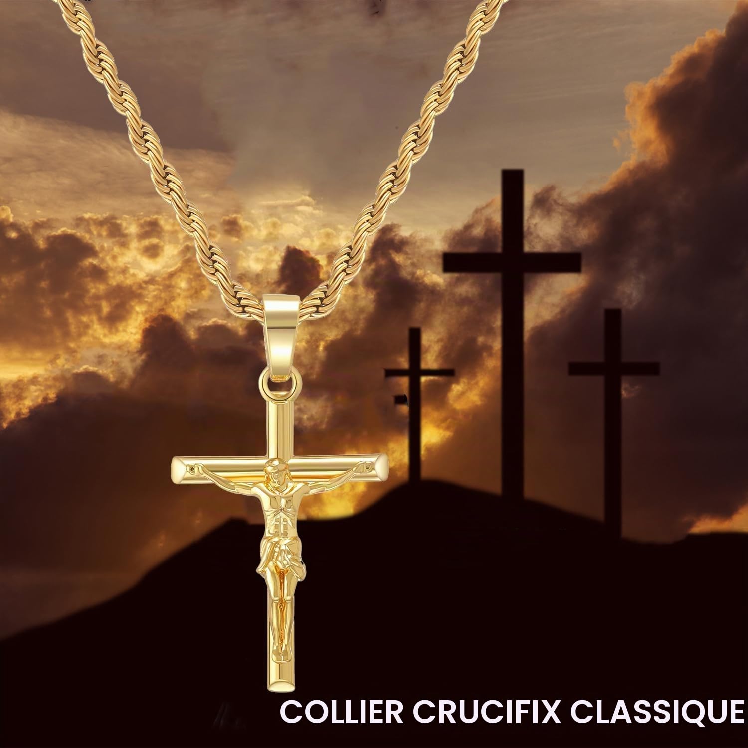 Collier Croix pour Homme Femme, Chaîne en Acier Inoxydable Plaqué Or 18K avec Pendentif Crucifix, Pendentif Croix Jésus Christ Cadeau Religieux pour Pâques Fête des Pères Noël