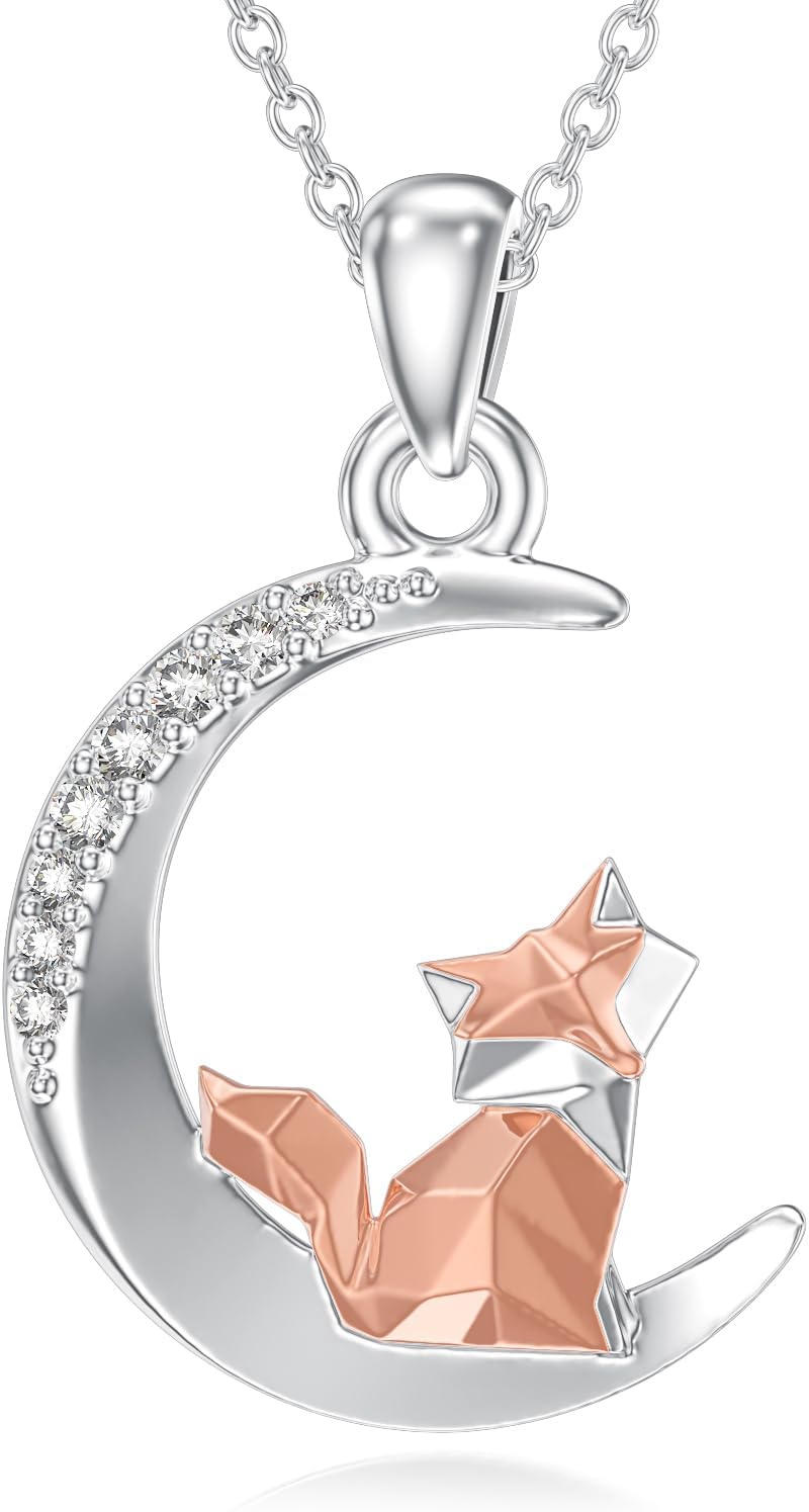 Diamond Moon and Origami Fox Pendant Necklace for Women 925 Sterling Silver Lab Grown Diamond Jewelry Gifts 0.1 cttw D Color VVS