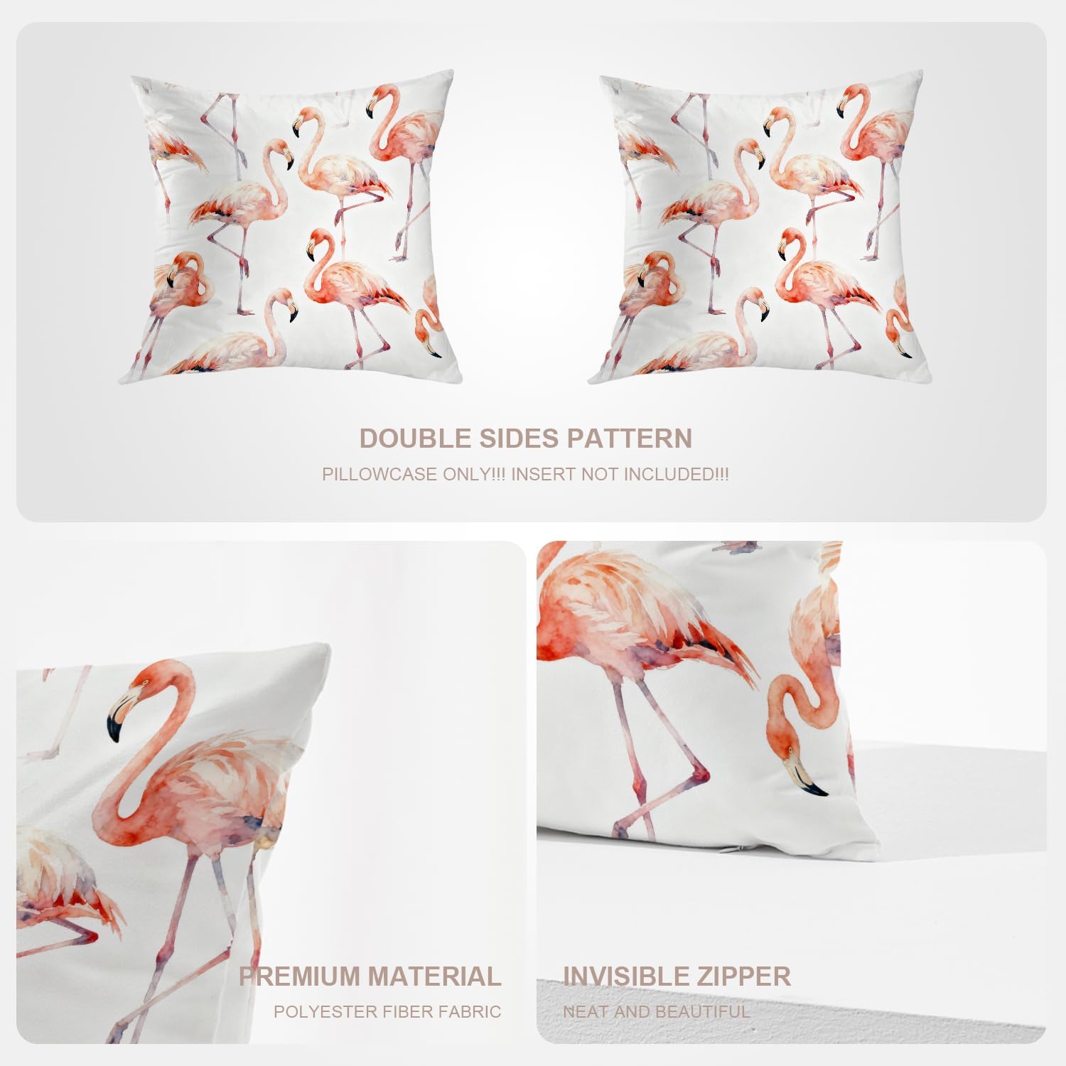 Flamingo Pillow Covers, Abstract Watercolor Pink Flamingo Tropical Bird Paradise Square 20 x 20 Inches Decorative Throw Pillow Covers Cotton Cushion for Sofa Bedroom Car, White 05, Set of 2