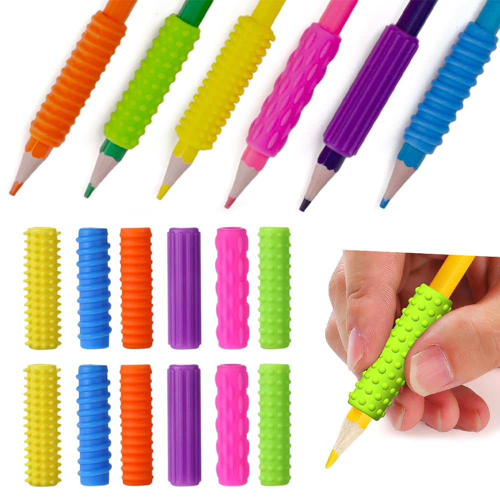 HAJXXMM Textured Pencil Grips Fidget Toys, 18 Pack Silicone Pencil Grips for Kids Adults with Autism & ADHD Anxiety Relief, Quiet Handwriting Pencils Sleeve for Classroom School Office