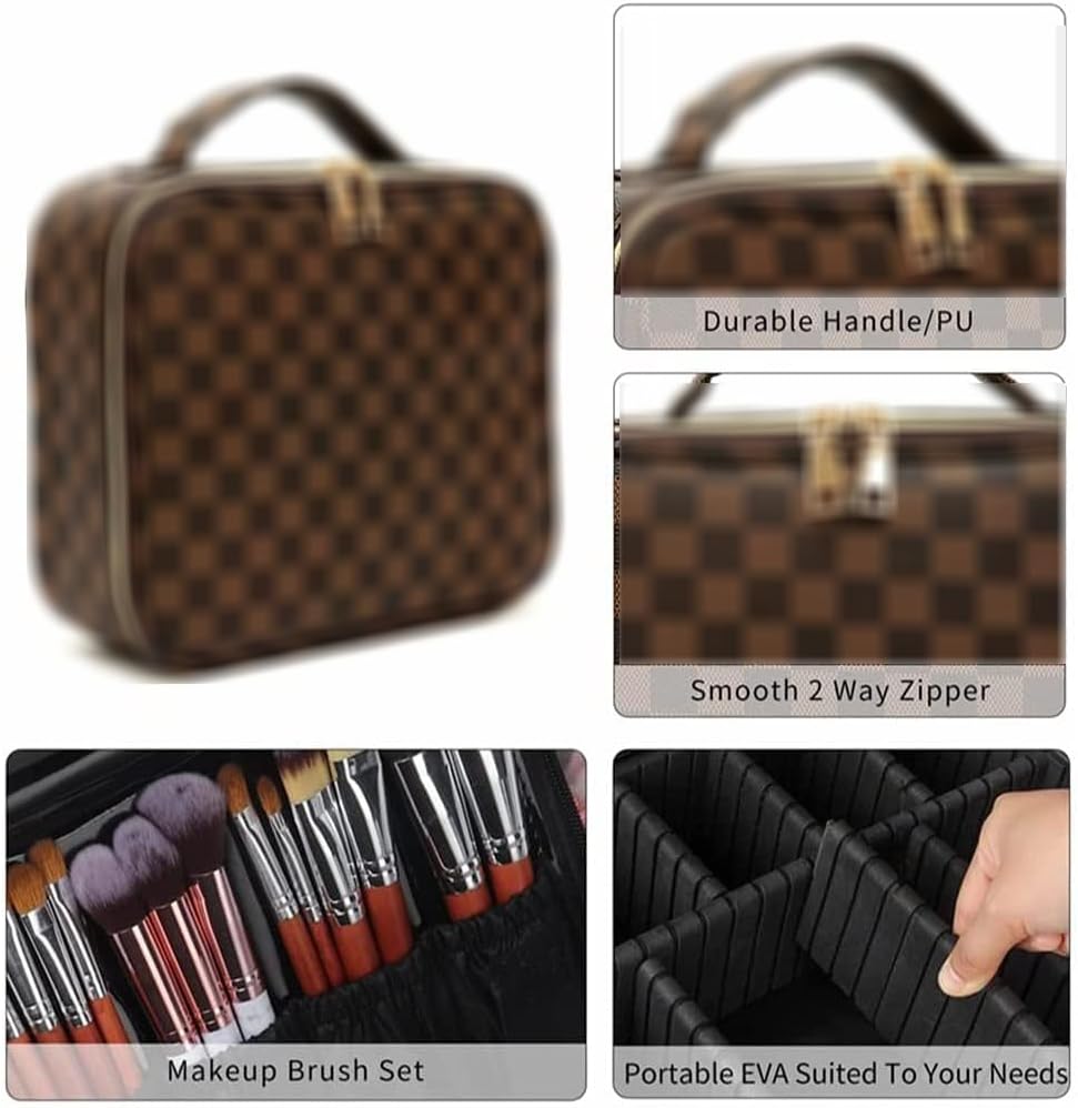 Brown Checkered Makeup Bag Set, Portable with Adjustable Partition, Large Capacity Pouch for Travel Organizer, Makeup Brushes Bag, Waterproof, Toiletries, Designer for Gift( 3Pcs Brown Checkered)