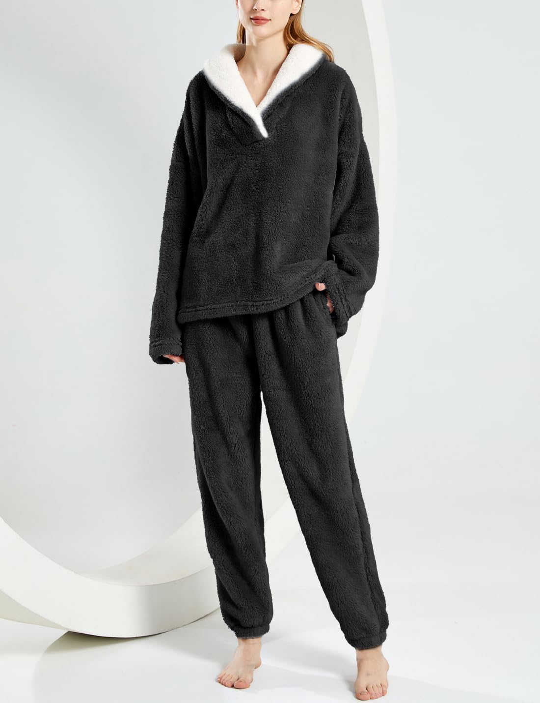 Sukany Ensemble de pyjama moelleux 2 pièces en polaire douce et confortable pour femme - Pull et pantalon chaud en peluche - Vêtement de détente d'hiver pelucheux