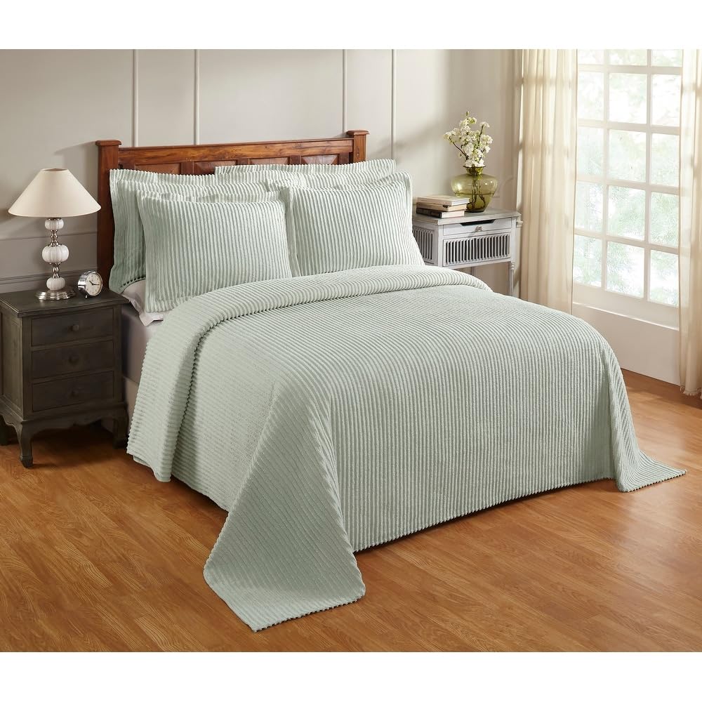 3 Piece Soft & Plush Chenille Tufted 100% Cotton King Quilt Bedspread | Bold Stripe Design in Pretty Sage Green Color | Luxurious All Seasons Machine Washable Aesthetic Bedding