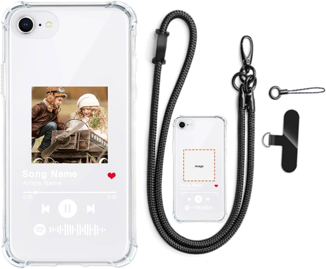 Custom Multi Photos Collage Phone Case for iPhone 7/8/SE 2020/SE 2022/SE2/SE3/SE 2nd/SE 3rd Generation Customized Personalized Image Text Picture Clear Soft Cover Lanyard Anti-Theft Strap