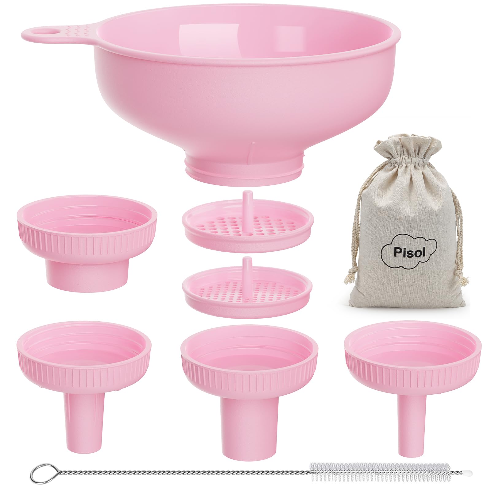 Pisol Wide Mouth Versatile Funnel, Canning Funnels for Kitchen Use, Food Grade Plastic Cooking Funnel Set with 4 Size Spouts and 2 Strainers for