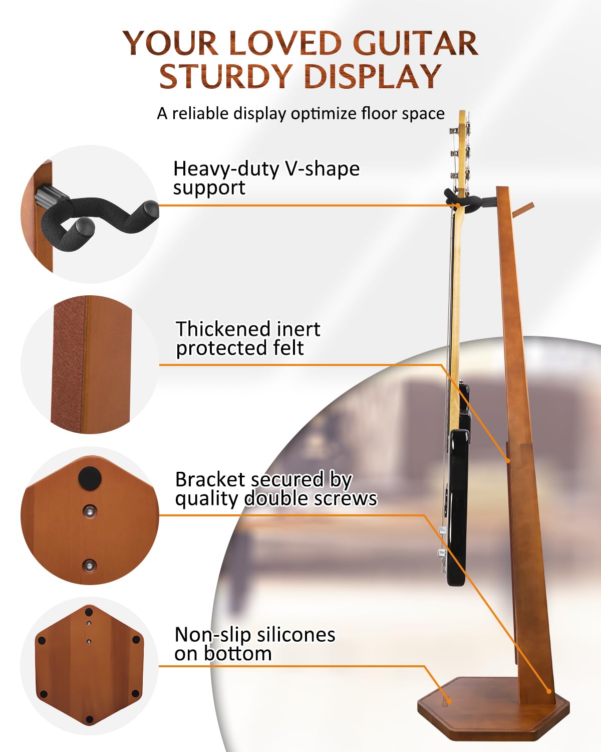 STRICH Soporte para bajo, expositor de guitarra de madera de 112 cm de altura, soporte para guitarra de nogal con gancho para el hogar y el estudio (FH-2, expositor para bajo)