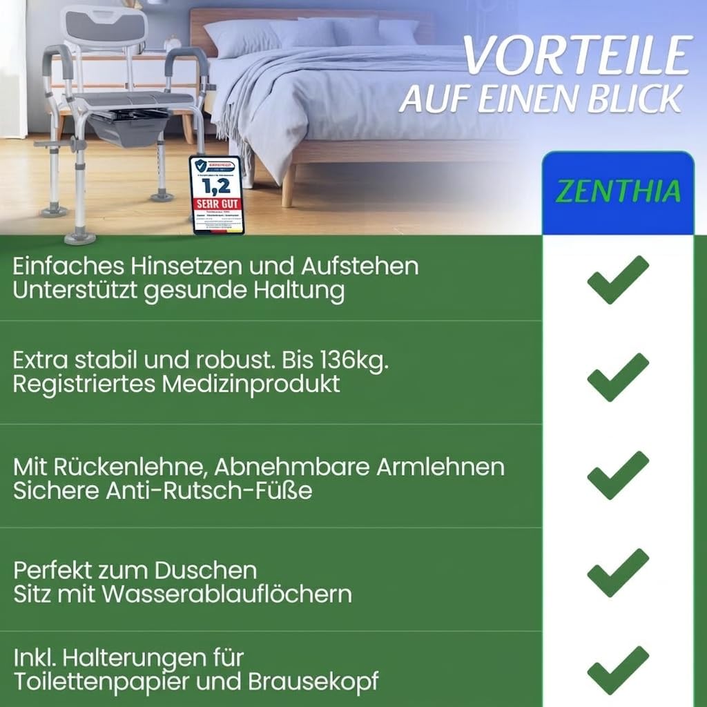 3-in-1 Toilettenstuhl, Toilettensitzerhöhung & Duschstuhl. Registriertes Medizinprodukt. Höhenverstellbar. Bis 136 kg. Rückenlehne & Armlehnen für Sicherheit. Aufstehhilfe. Entlastet Pflegende