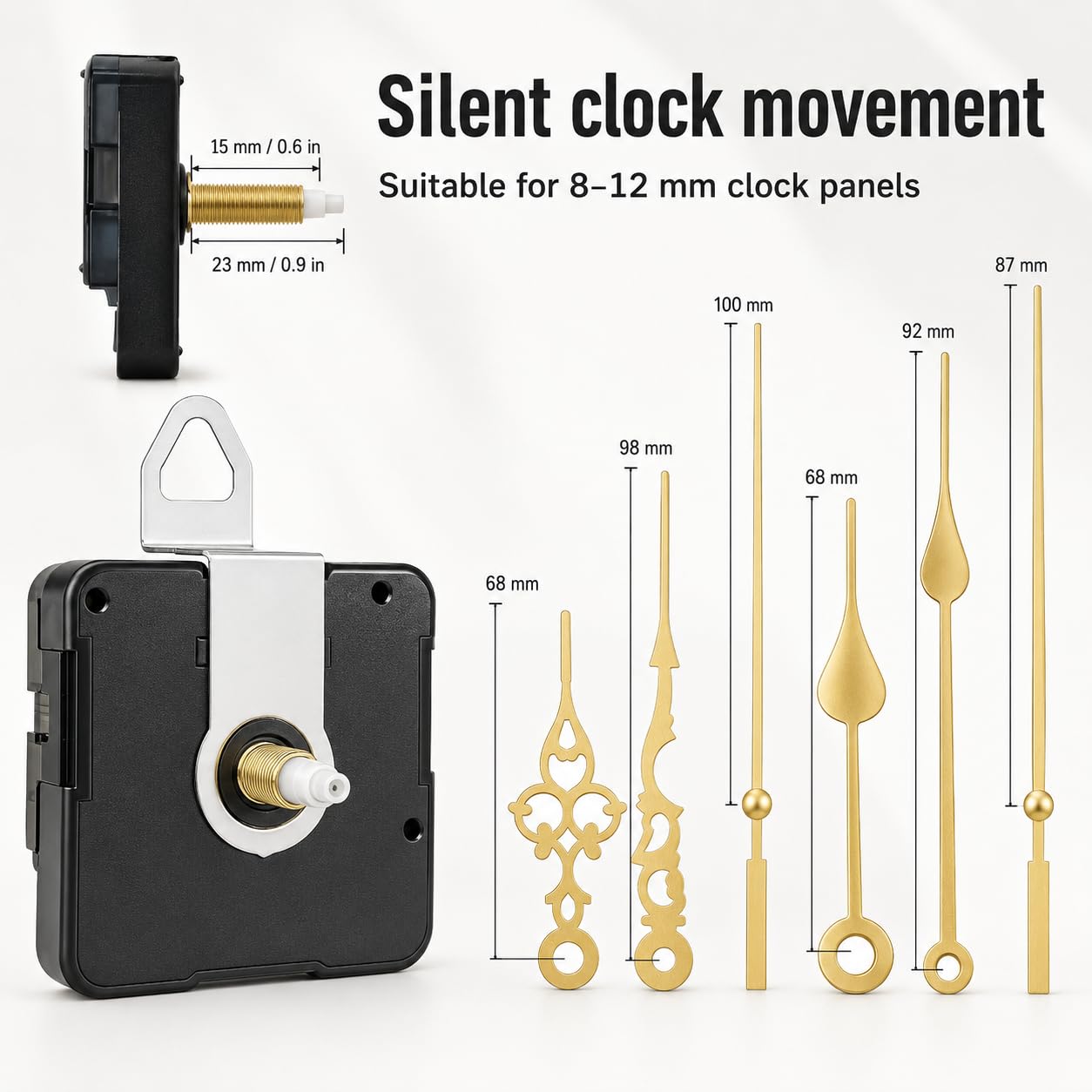 Mécanisme Horloge Silencieux avec Grandes Aiguilles, mécanisme Horloge Pile 23 mm Axe pour Cadran 8–12 mm d’Épaisseur, Kit Horloger DIY pour Réparation et Création d’Horloge