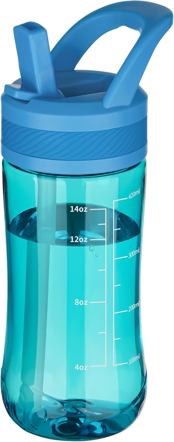 Kids Clear Water Bottle 14oz Flip with Straw Carry Handle, Leakproof, Reusable, Tritan, BPA Free, Suitable for Boys and Girls, Blue