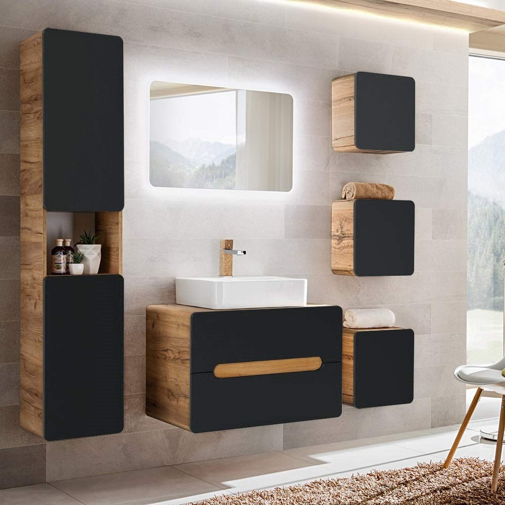 Lomadox Armoire haute de salle de bain NEW-Luton anthracite satiné chêne Wotan Nb., 2 portes, 1 étagère, L/H/P env. 35/170/32 cm