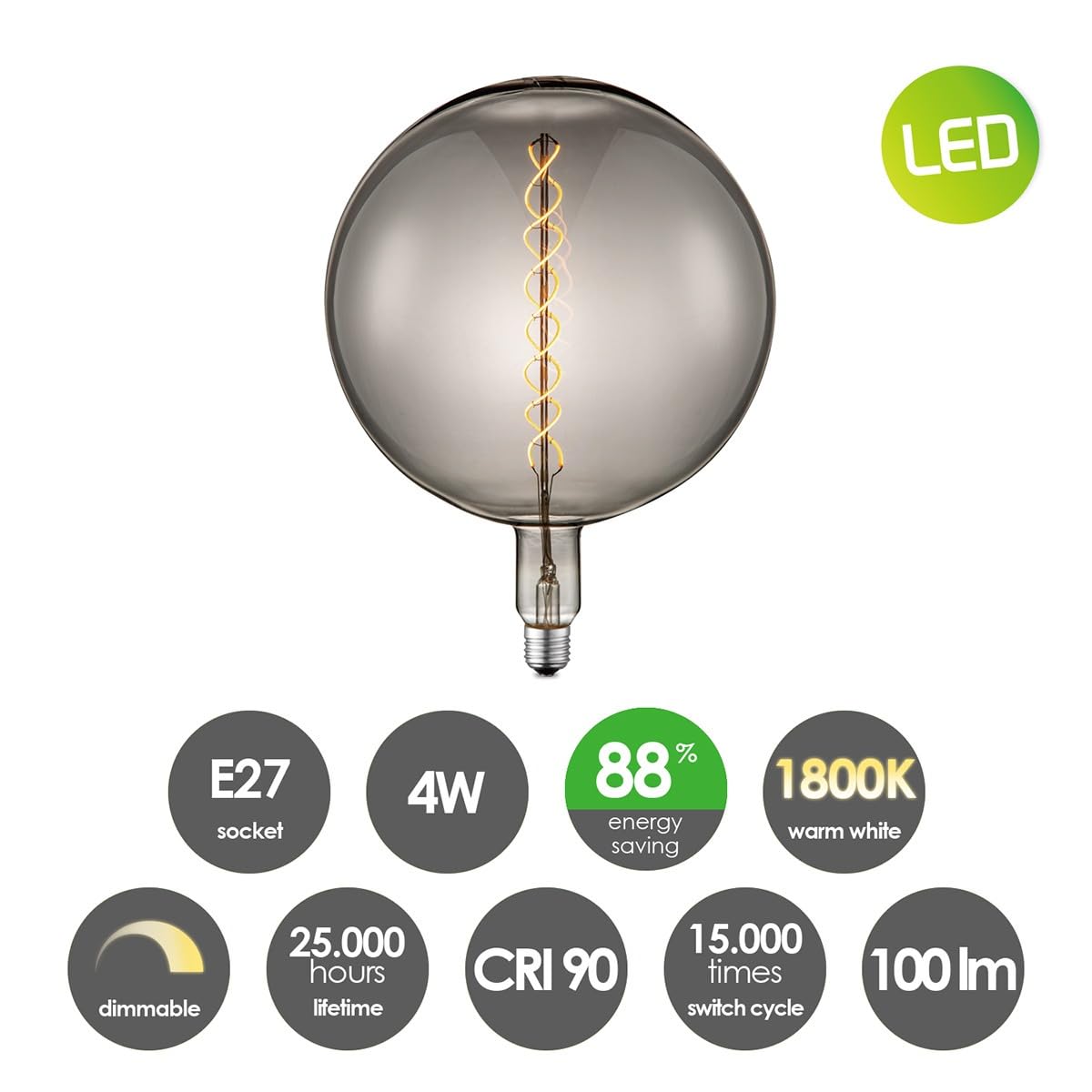 home sweet home collection Edison Vintage E27 | LED-Filament-Leuchtmittel Spiral | G260 Global LED-Lampe | Rauch | Dimmbar | 6W 180lm 1800K | warmweißes Licht | für E27-Fassungen