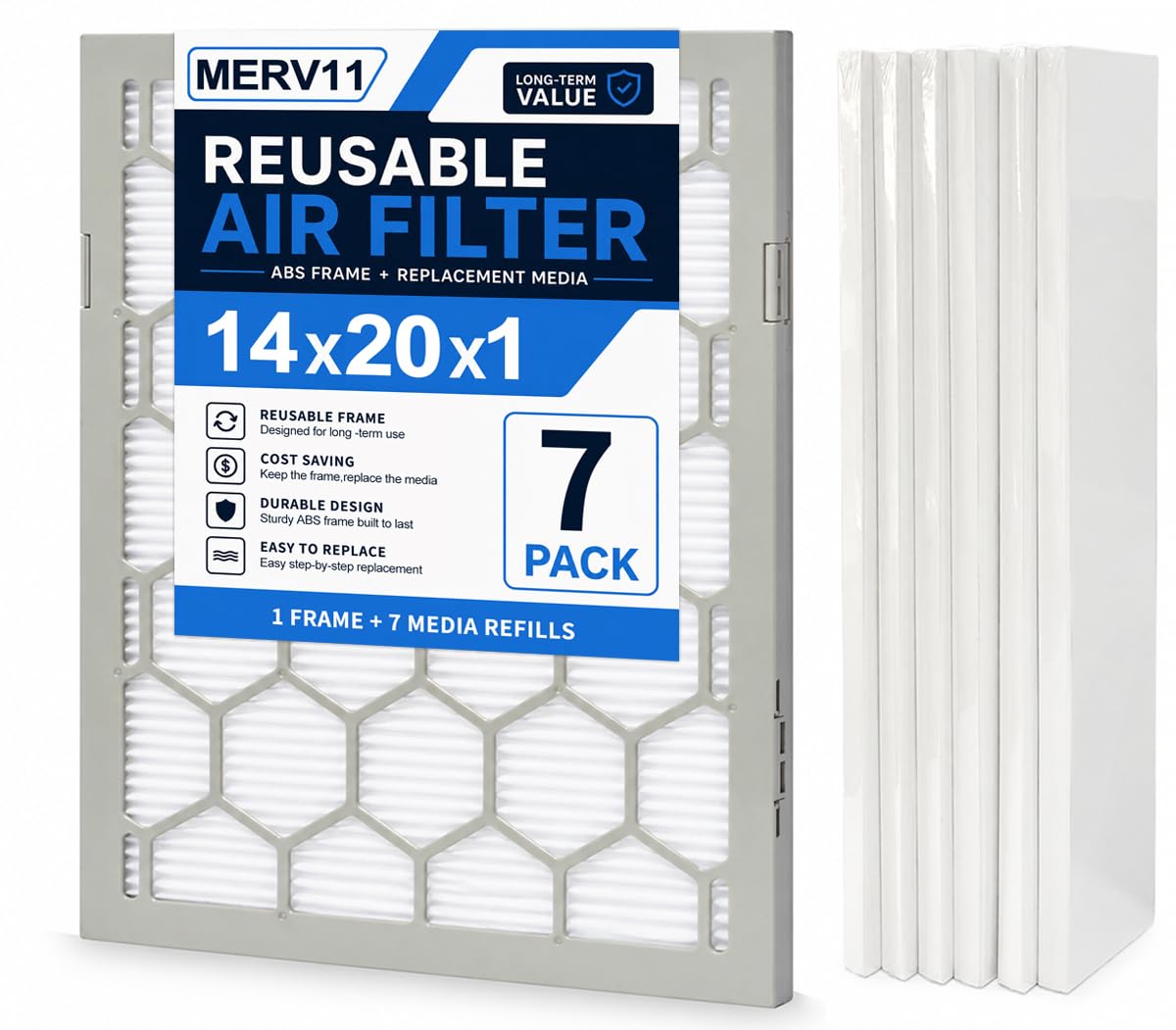 Filtro de aire reutilizable HVAC, marco de plástico ABS con 7 medios de filtro de repuesto, sistema de filtro plisado reemplazable para rejillas de ventilación de horno de CA (14 x 20 x 1