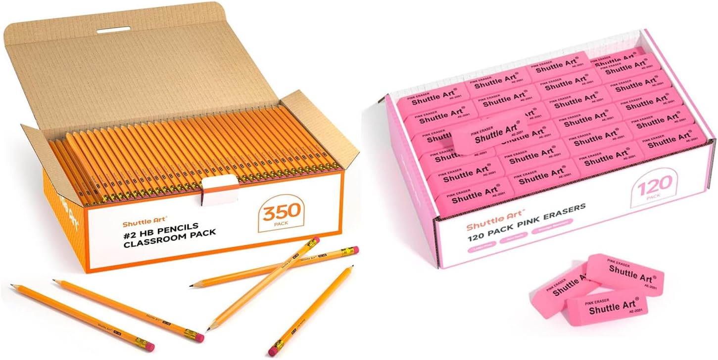 Shuttle Art Pencils and Erasers Bundle, Set of 350 Pack Sharpened Yellow Pencils + 120 Pack Pink Erasers Bulk