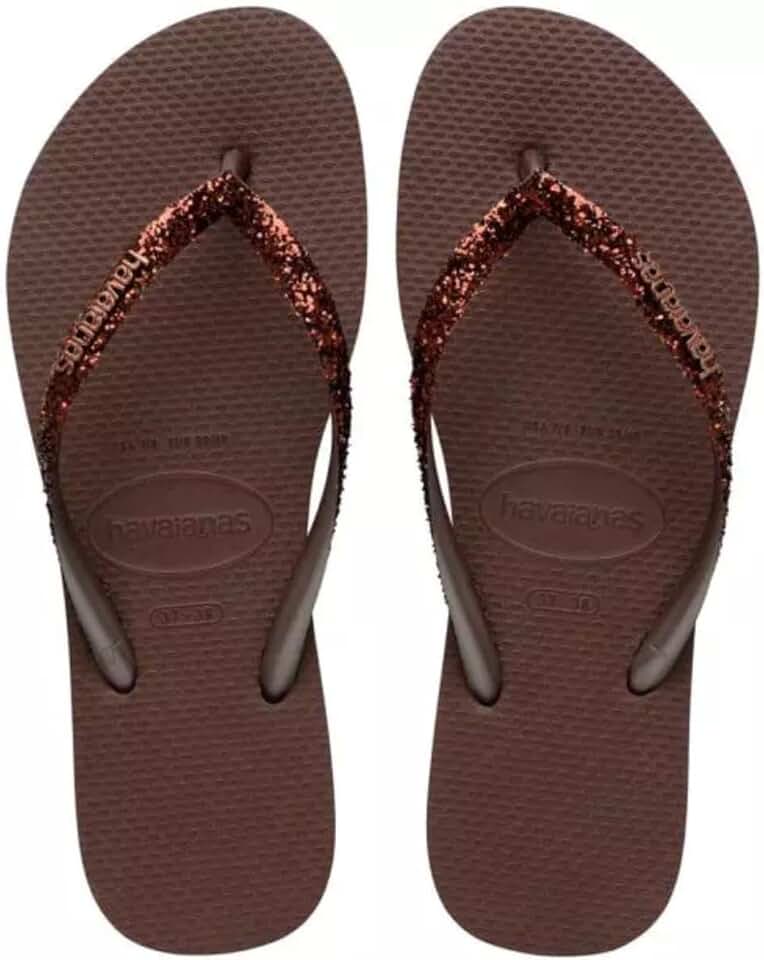 Chinelo Slim, Feminino, Marrom com Glitter Bronze, Borracha, Tiras Finas, Sola Anatômica, para Lazer e Praia