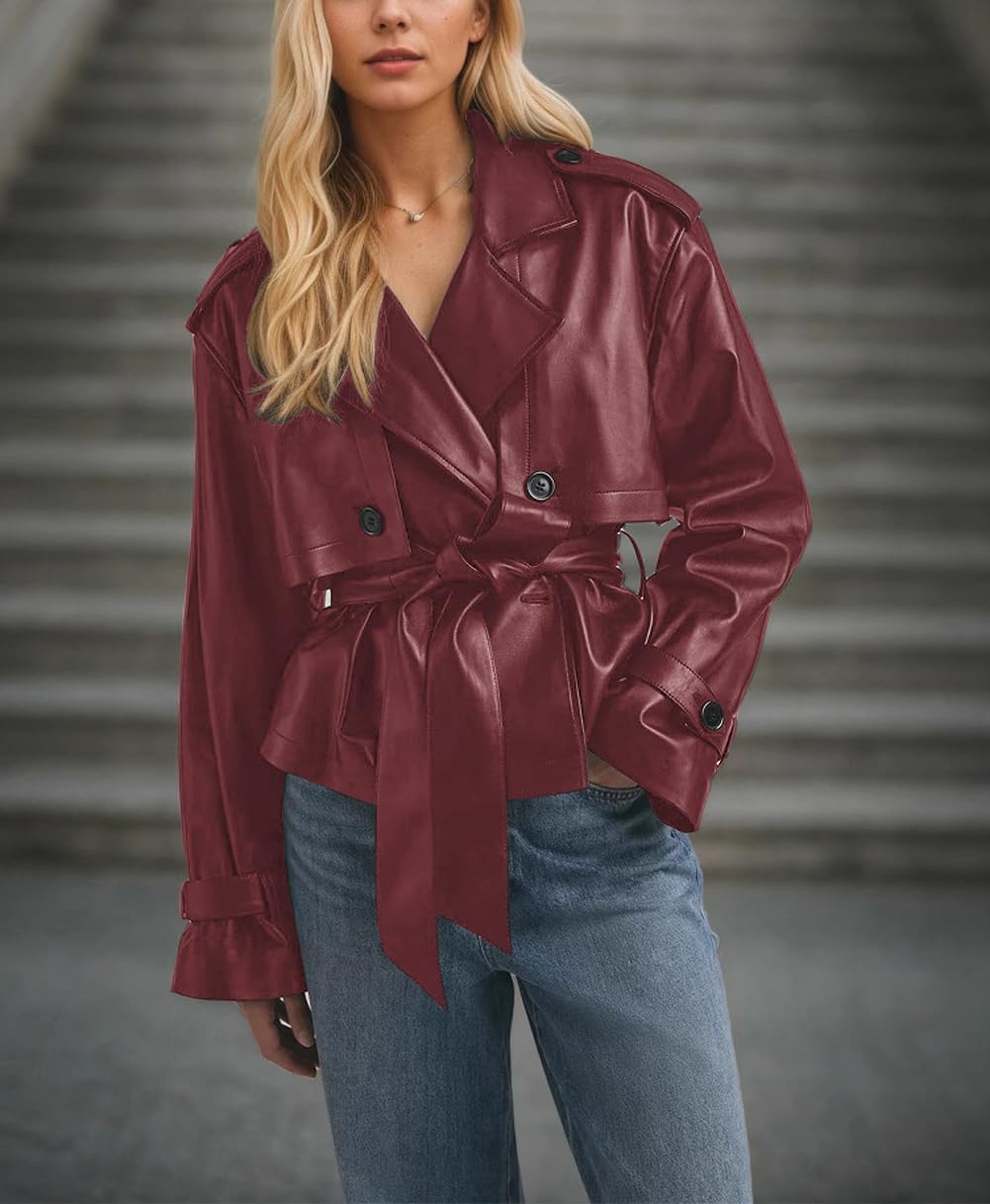 chouyatou Women's Fall Belted Faux Leather Jacket Modo Business Casual Faux Leather Short Trench Coat - Image 3