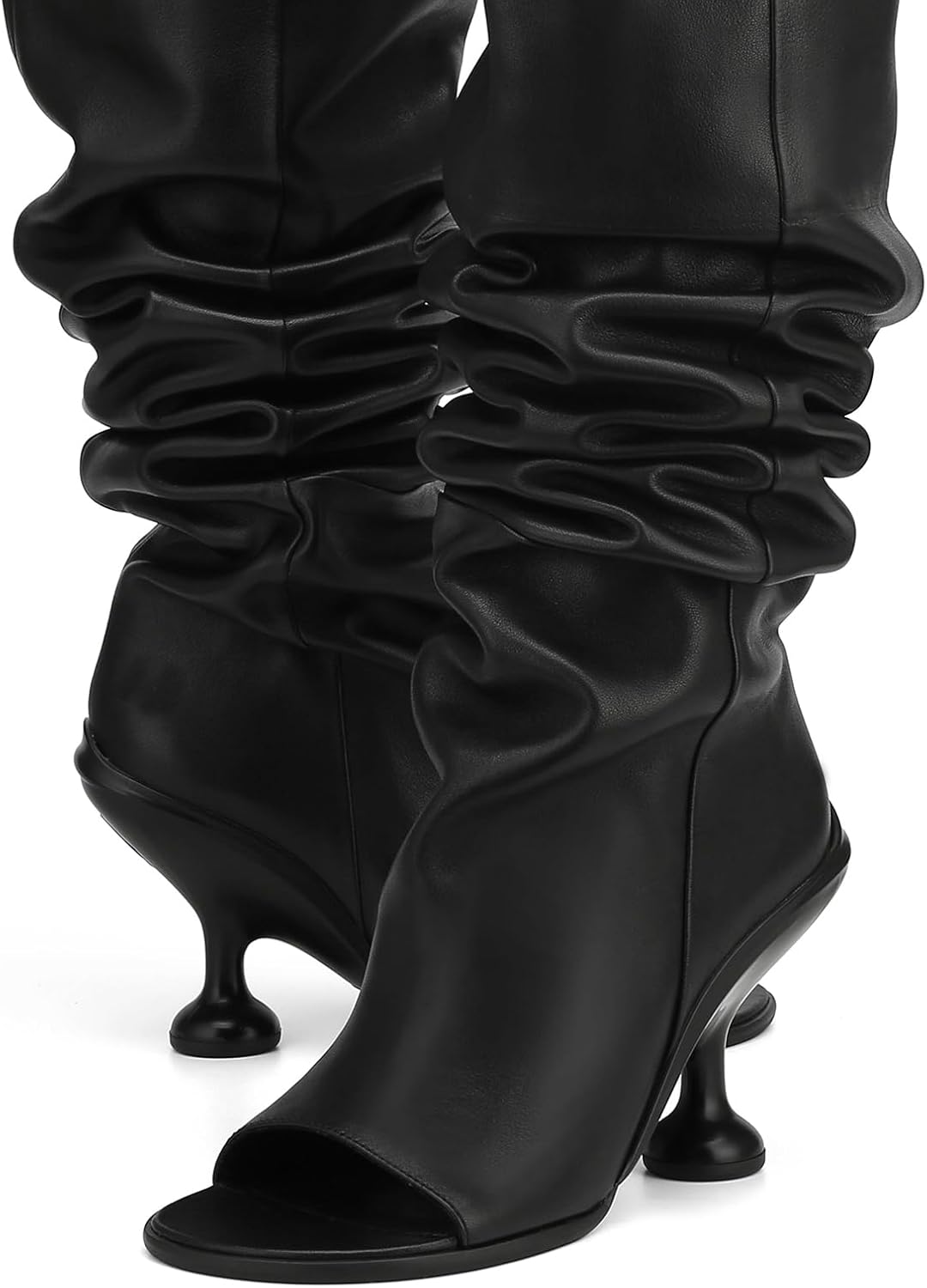 Women's Leather Knee High Boots Open Square Toe Pull On Slouchy Wide Calf Boots - Image 3