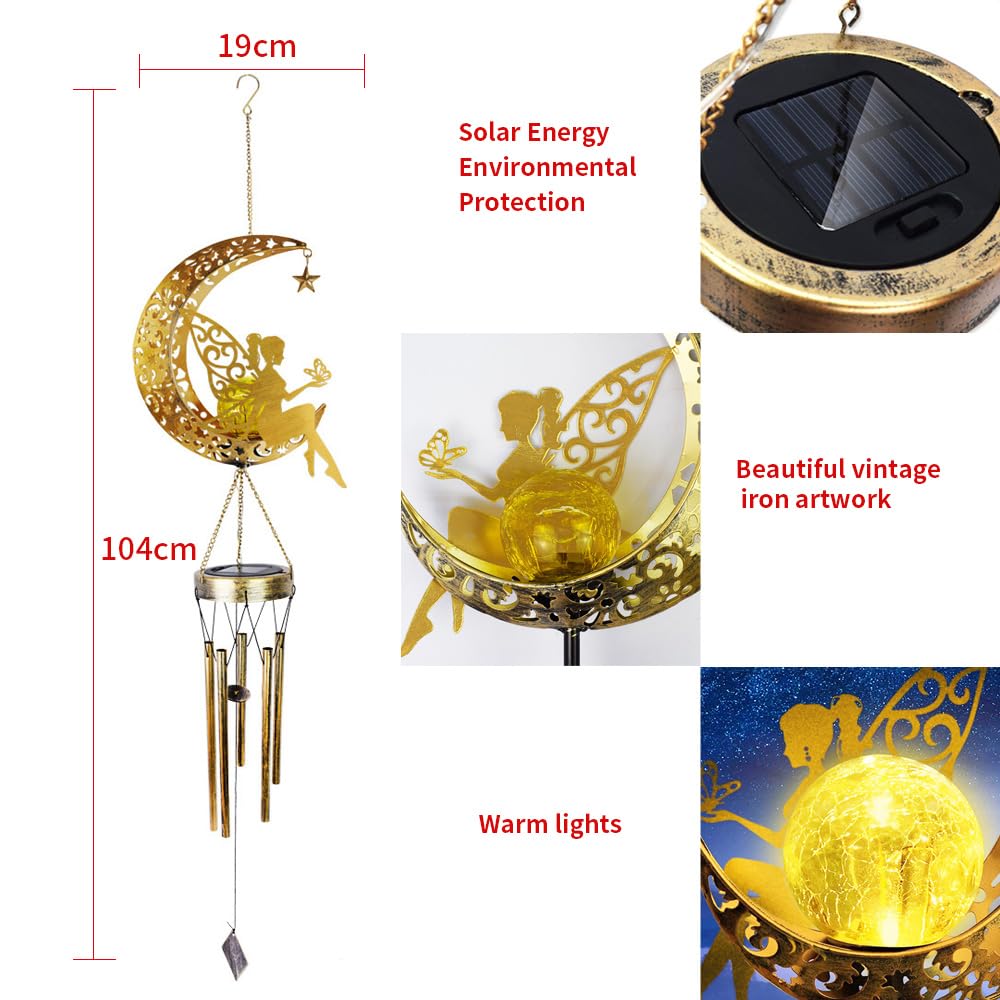 Carino solare alimentato luna fiore fata vento campana luce decorativa, ferro arte fata vento campana, un regalo portatile a LED luce decorativa all'aperto per gli amici.