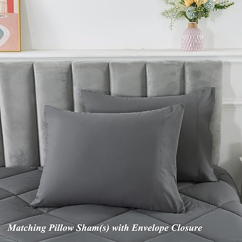 Miniatura 8 de ELNIDO QUEEN Juego de edredón gris King con 2 fundas de almohada, juego de edredón de cama de 3 piezas, juego de edredón alternativo de plumón gris,