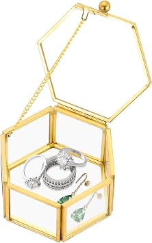 Vintage Gold Hexagonal Transparent Jewelry Box, 3.1 x 2.5 x 1.7 | Glass Jewelry Box for Display, Decorative, Trinket Box for Rings, Earrings, Keepsakes, Clear Glass Jewelry Box