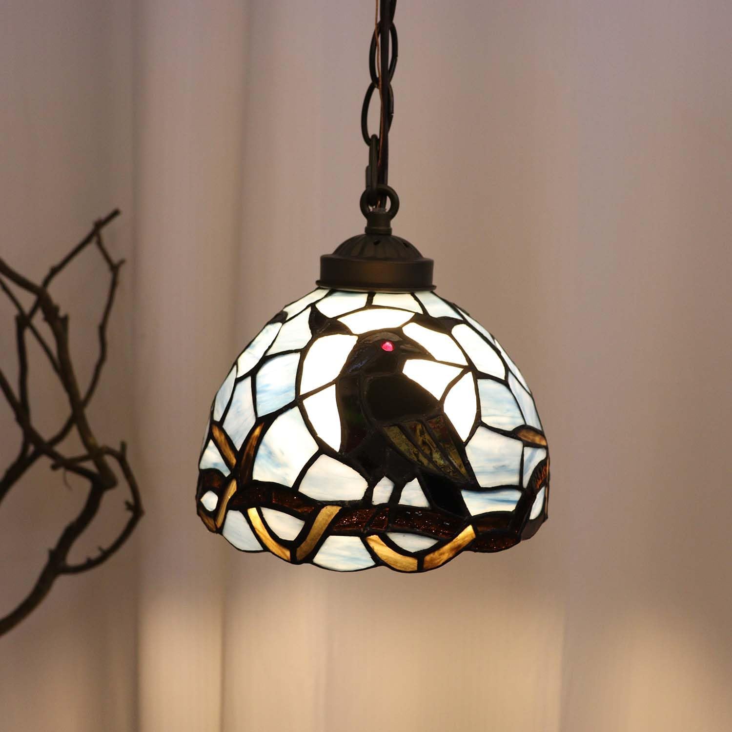 Bieye L12007 Raven Tiffany Style Stained Glass Ceiling Pendant Light (Dark Blue, 8 inches Wide)